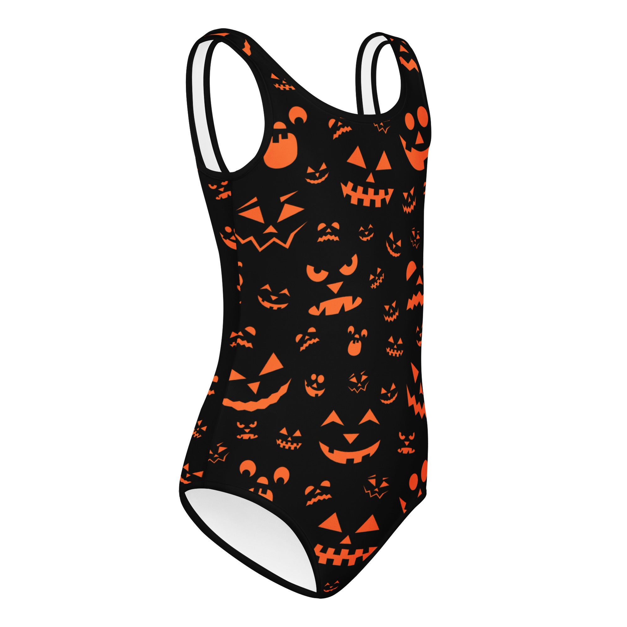 Black one-piece swimsuit with orange jack-o-lantern faces printed all over girls halloween buttery soft leotard