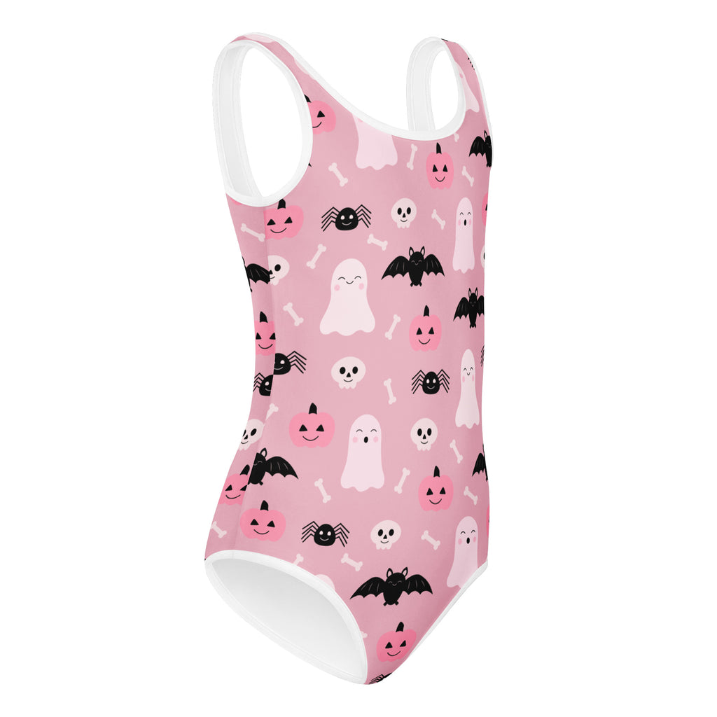 Girls pink cute ghosts and bats halloween buttery soft one-piece swimsuit with white trim for dance and gymnastics