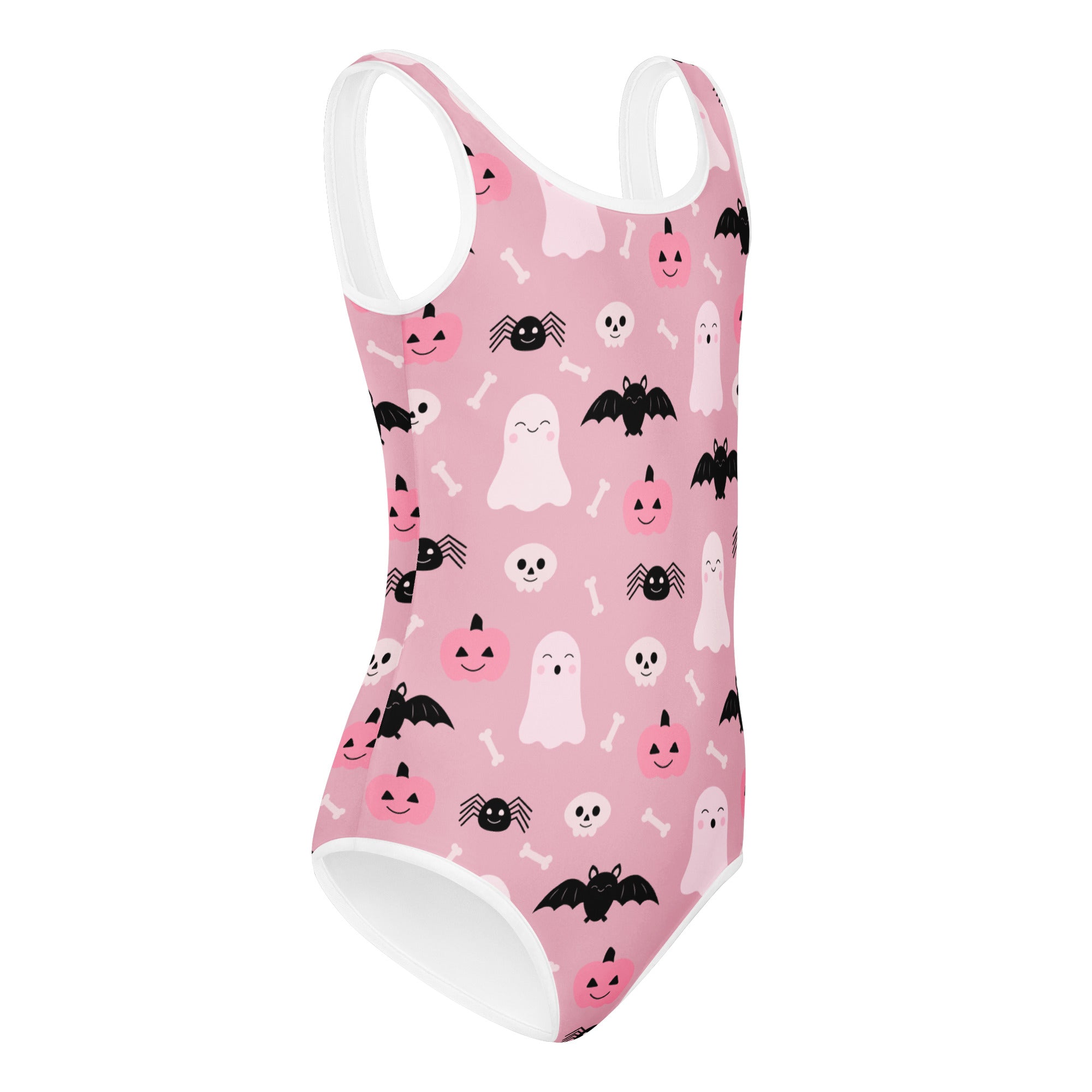 Girls pink cute ghosts and bats halloween buttery soft one-piece swimsuit with white trim for dance and gymnastics