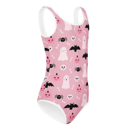 Girls Pink Cute Ghosts And Bats Halloween Buttery Soft Leotard - Quick Drying For Dance and Gymnastics
