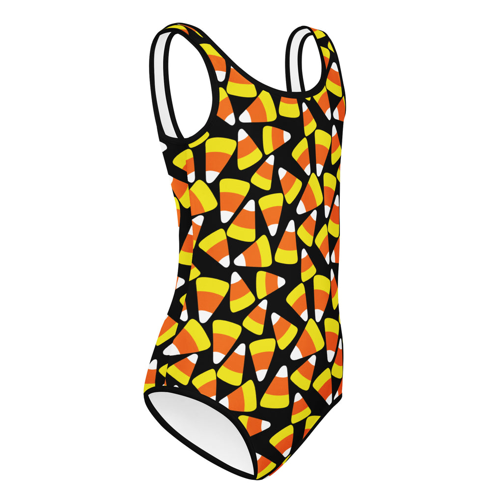 Black girls one-piece swimsuit with vibrant orange yellow and white candy corn pattern buttery soft quick drying for dance
