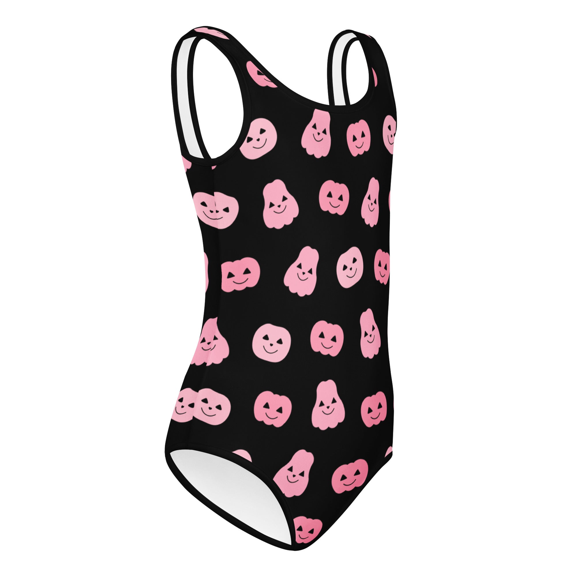 Black one-piece buttery soft swimsuit with pink smiling pumpkins and ghosts for girls halloween dance and gymnastics