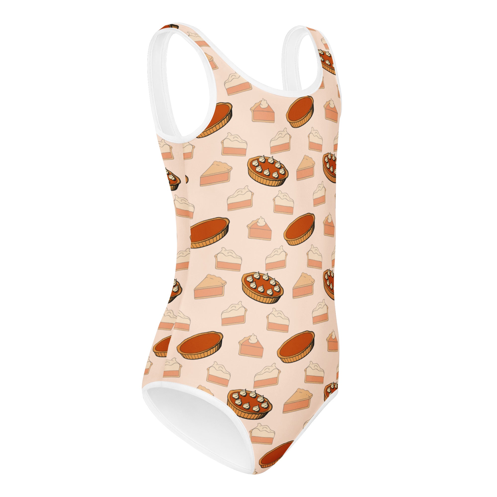 Girls pumpkin pie thanksgiving peach one-piece leotard with white trim and pie pattern quick drying for dance and gymnastics