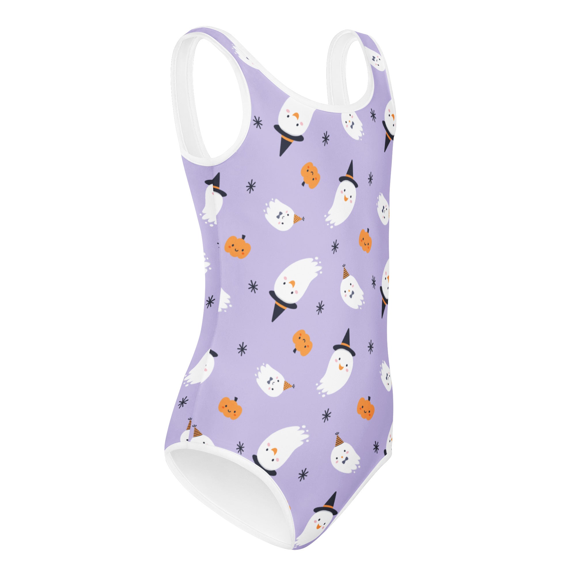 Girls ghost witch halloween buttery soft purple leotard with white ghost and pumpkin prints for dance and gymnastics