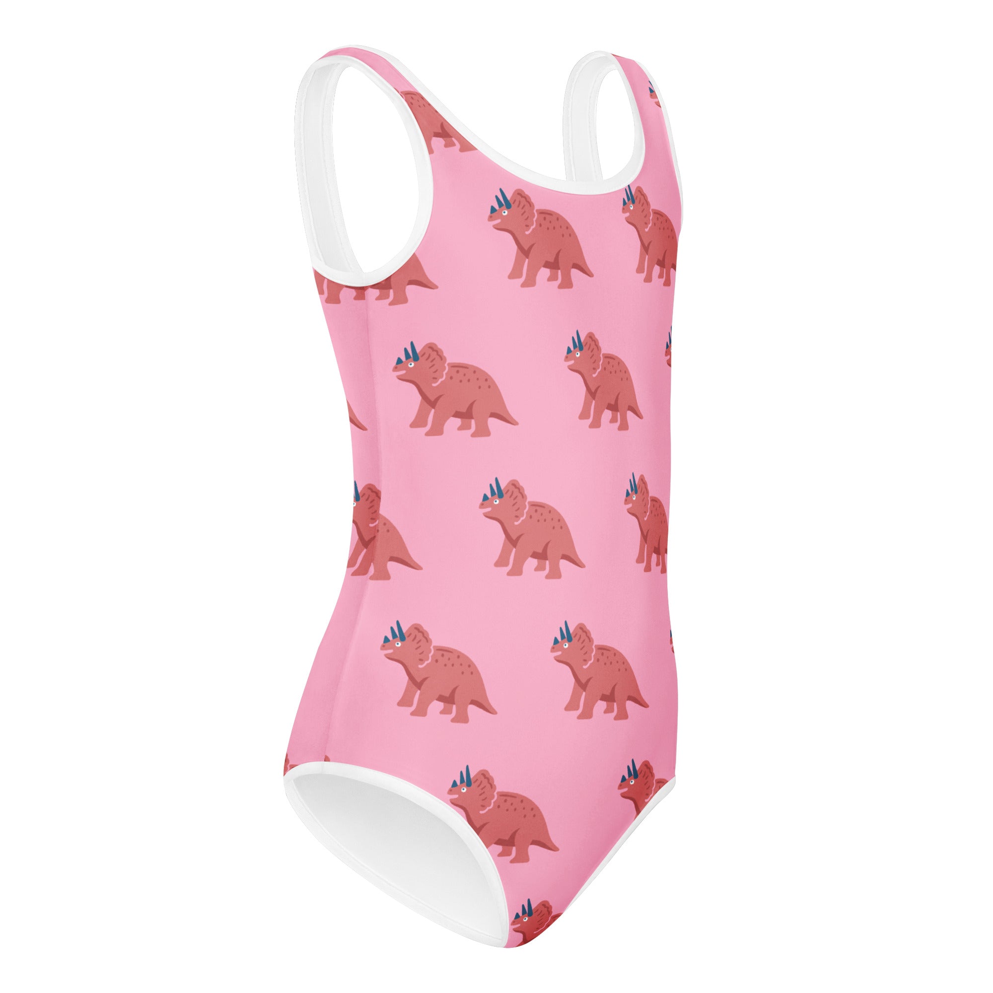 Girls pink triceratops buttery soft quick drying one-piece swimsuit with white trim and cartoon pattern for dance and gymnastics