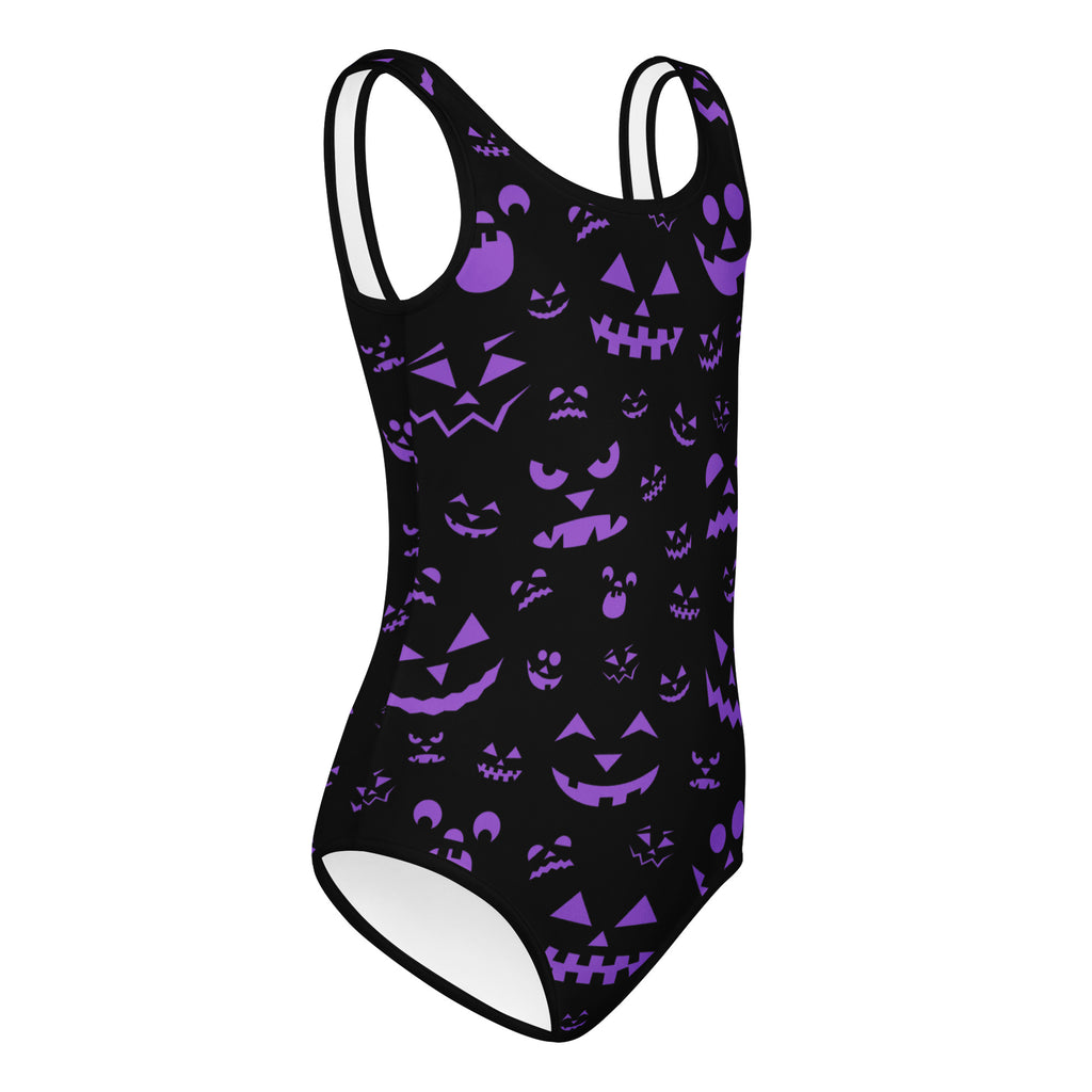 Girls purple jack-o-lantern faces halloween buttery soft black one-piece swimsuit for dance and gymnastics