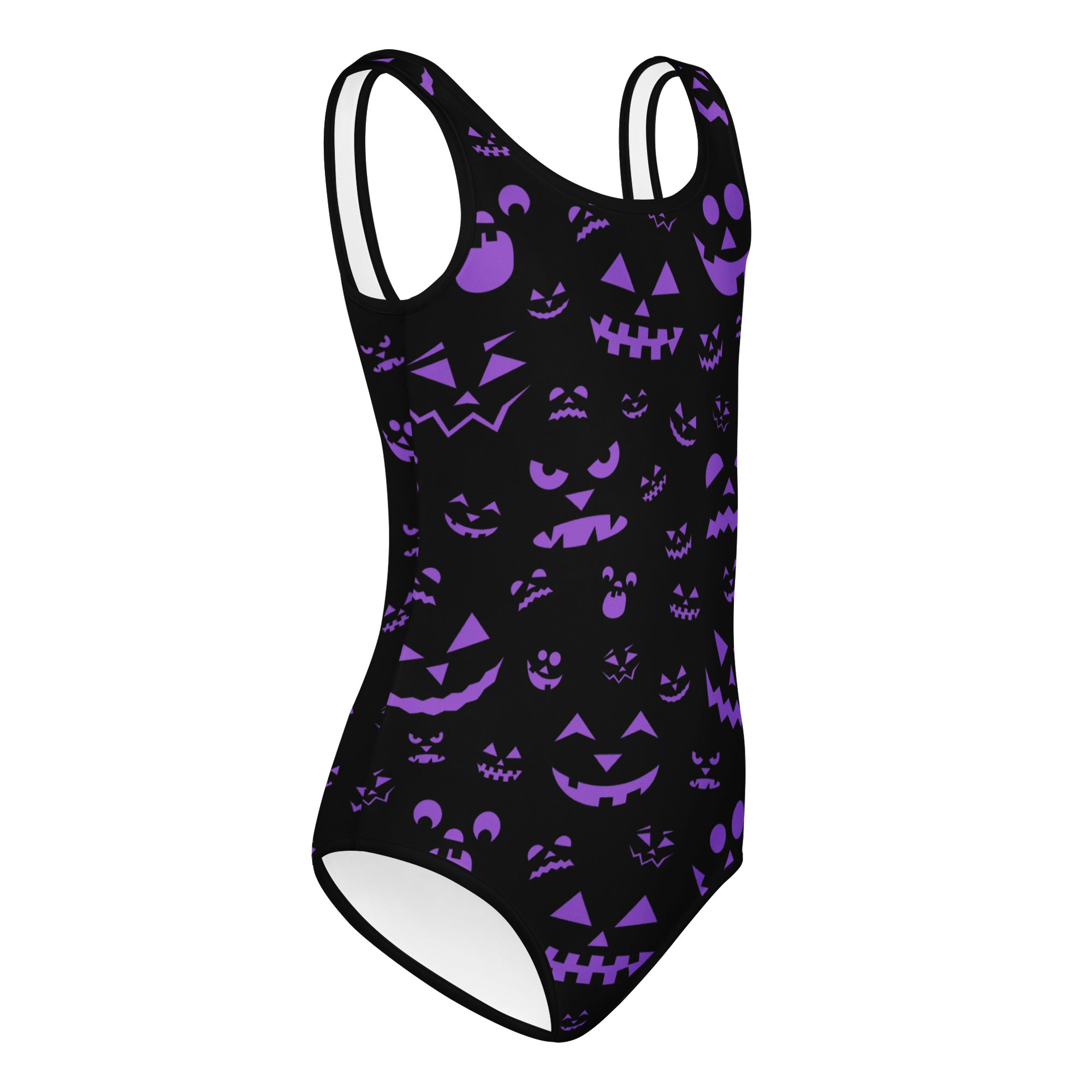 Girls purple jack-o-lantern faces halloween buttery soft black one-piece swimsuit for dance and gymnastics