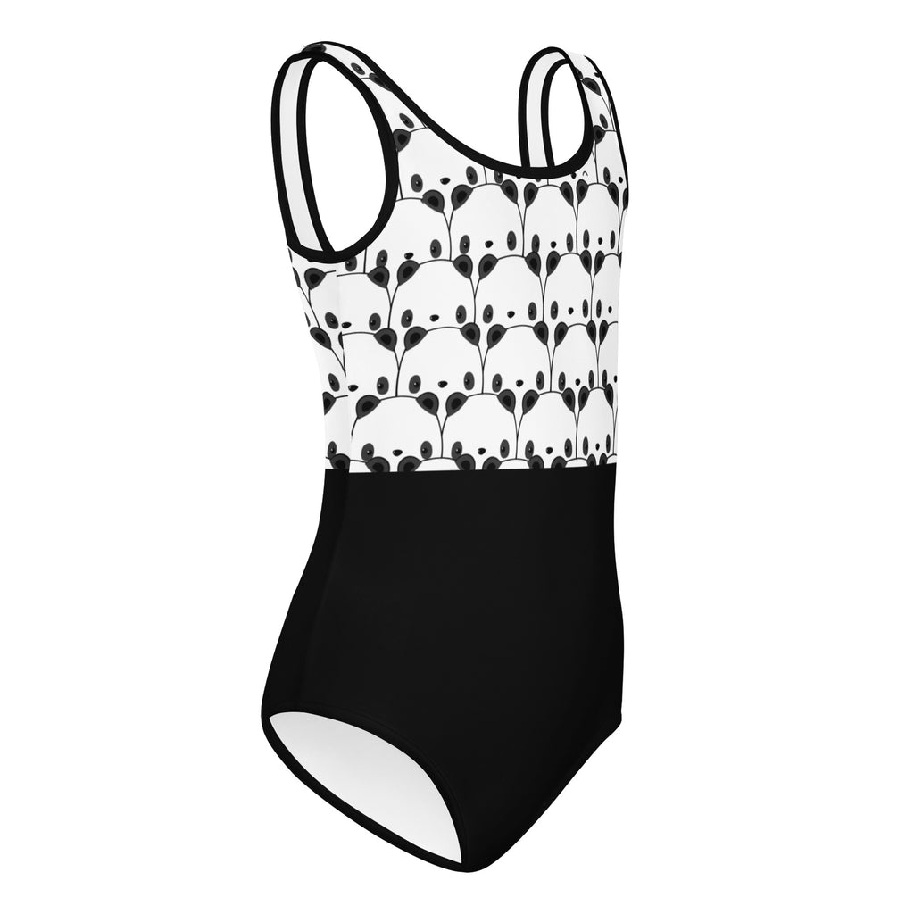 Girls black and white panda buttery soft leotard with playful panda face pattern quick drying for dance and gymnastics