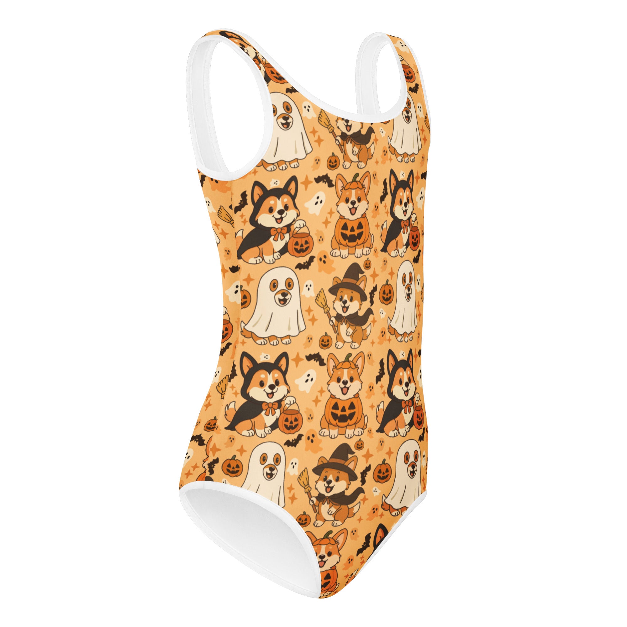 Girls halloween corgi dog buttery soft orange one-piece swimsuit with playful ghost witch and pumpkin pattern for dance and gymnastics