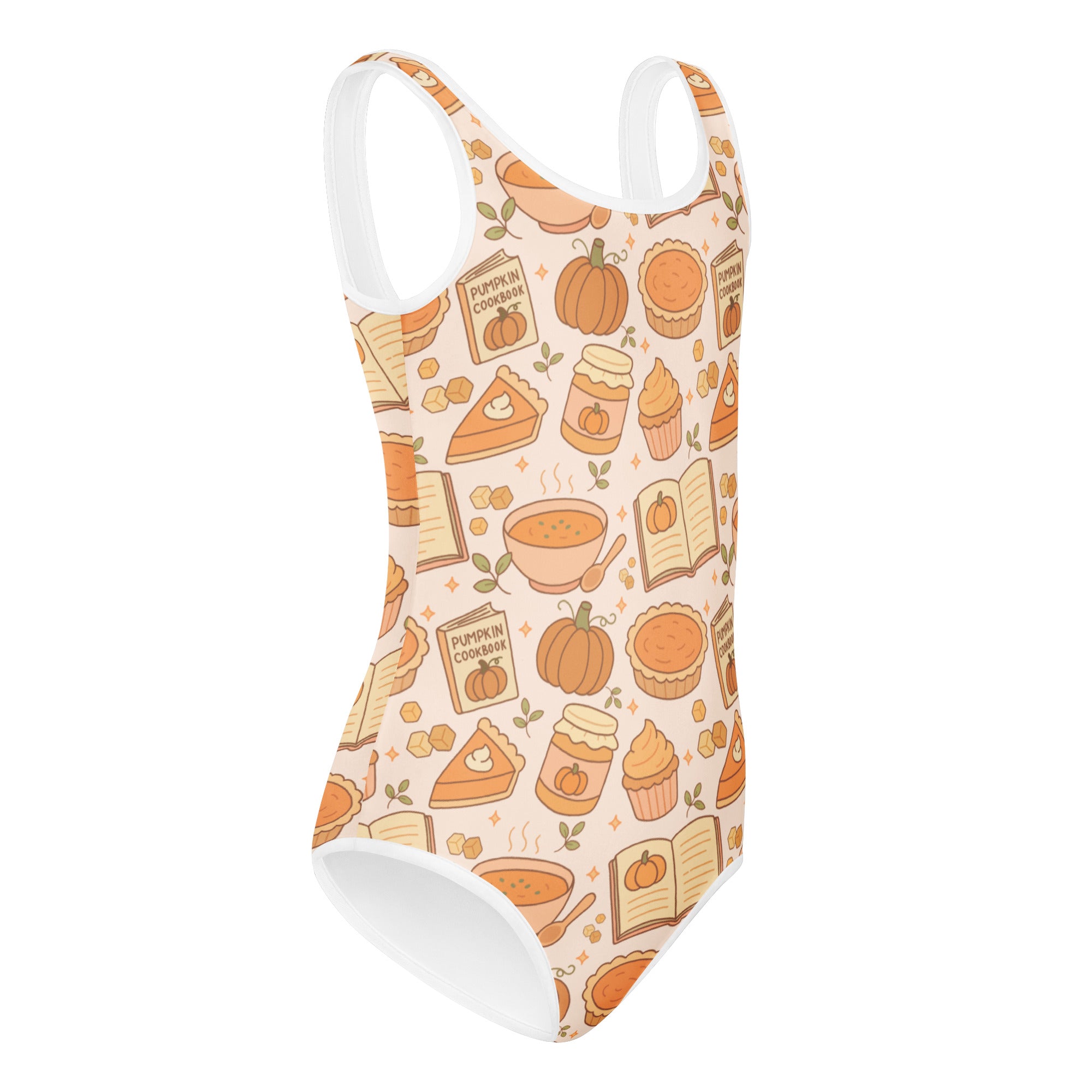 Beige buttery soft girls leotard with white trim and playful pumpkin pie pattern for dance and gymnastics