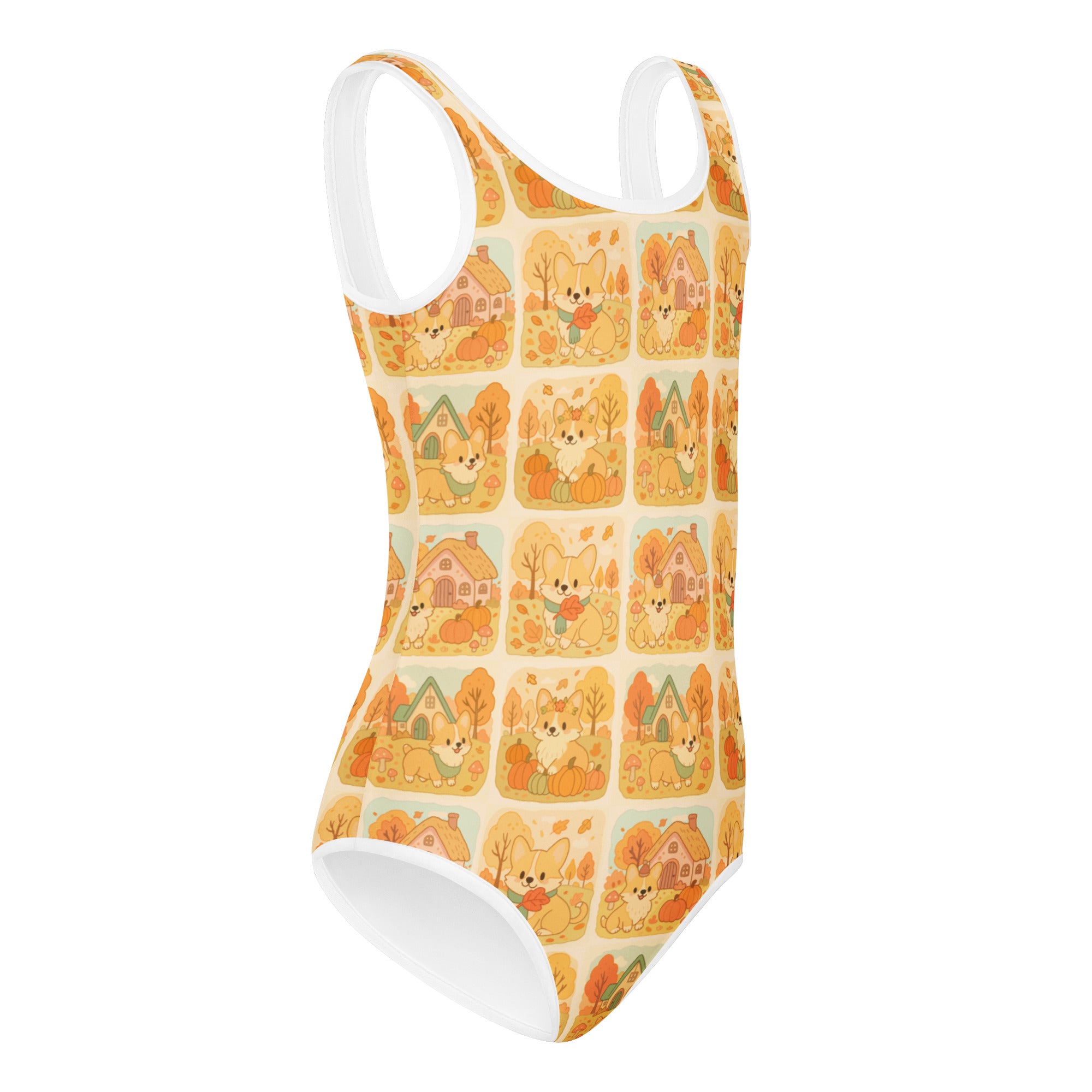 Girls corgi dog pumpkin autumn buttery soft leotard with white trim quick drying for dance and gymnastics