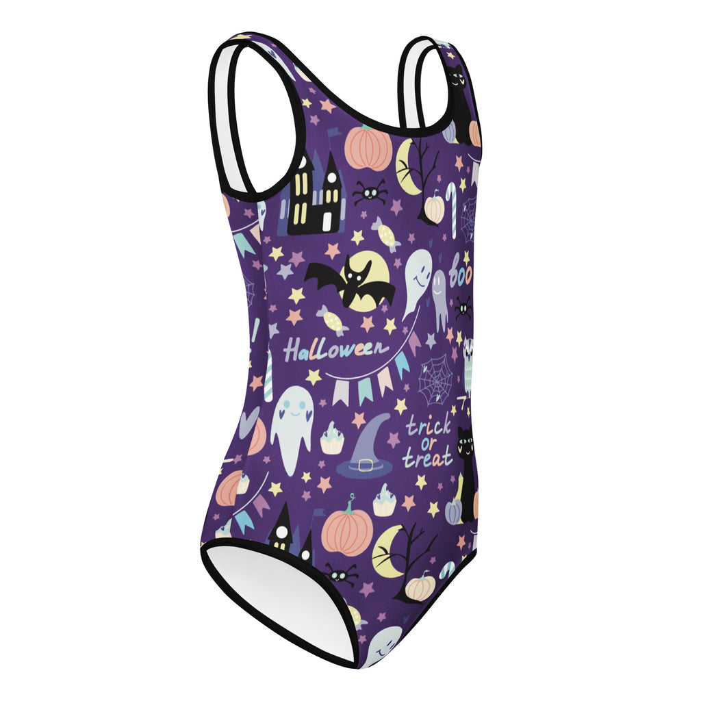 Girls spooky halloween buttery soft purple one-piece swimsuit with black trim featuring ghosts and pumpkins for dance and gymnastics