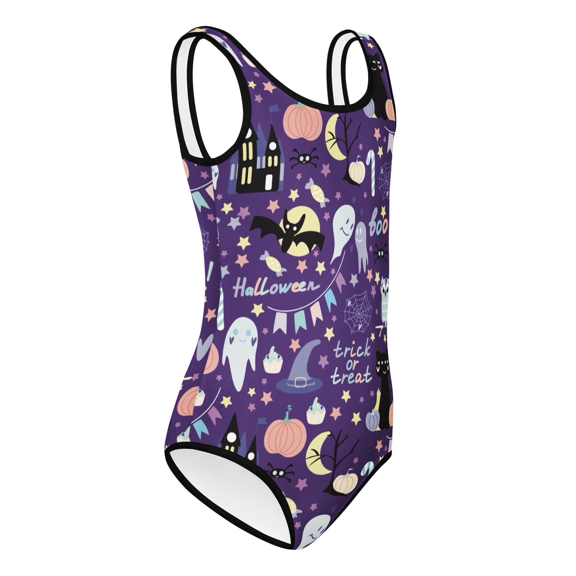 Girls spooky halloween buttery soft purple one-piece swimsuit with black trim featuring ghosts and pumpkins for dance and gymnastics