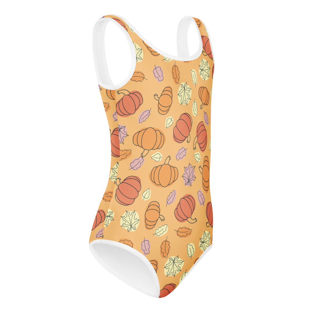 Girls pumpkin patch buttery soft quick drying orange one-piece swimsuit with cartoon pumpkins and autumn leaves pattern