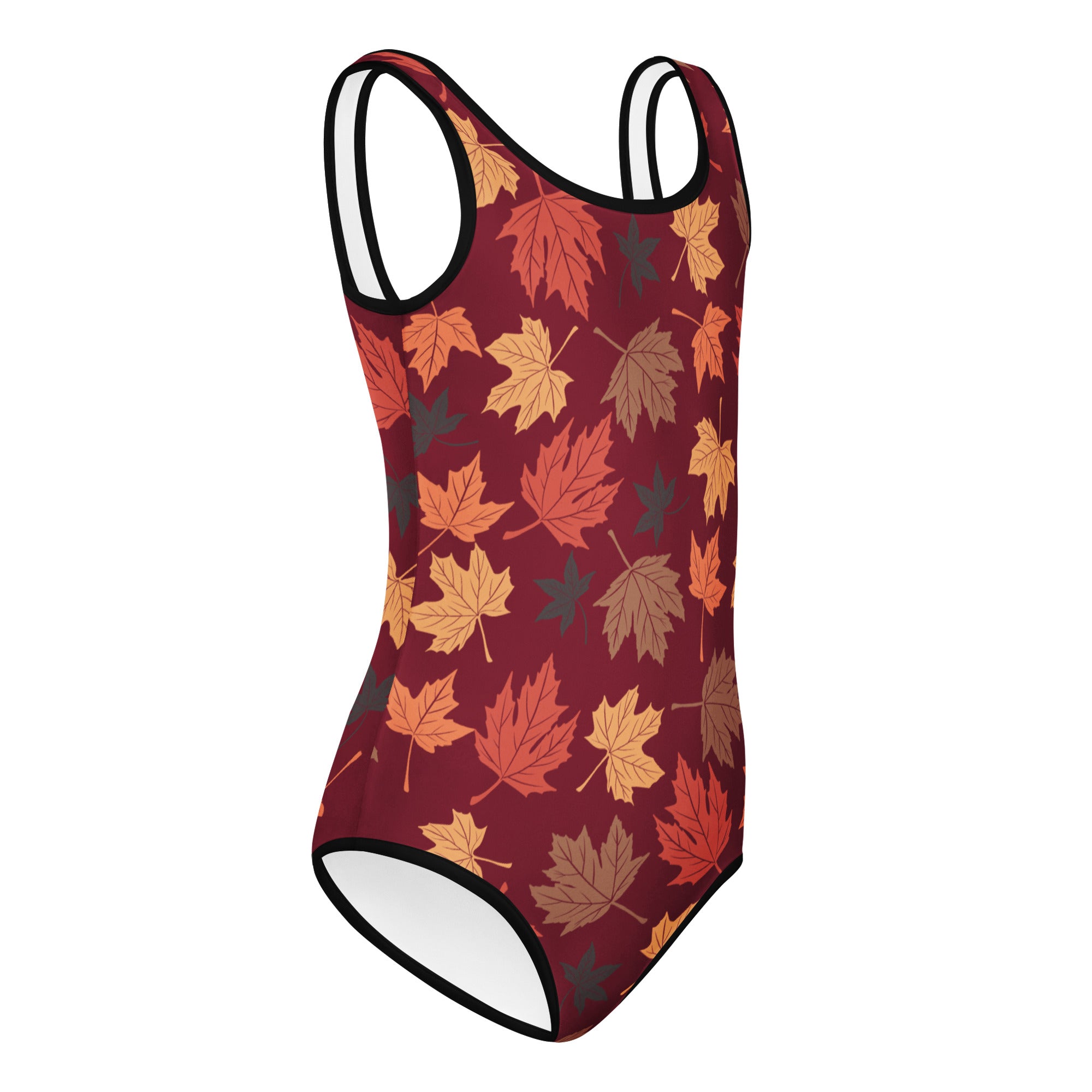 Girls autumn leaves buttery soft maroon leotard with vibrant leaf pattern and black trim for dance and gymnastics