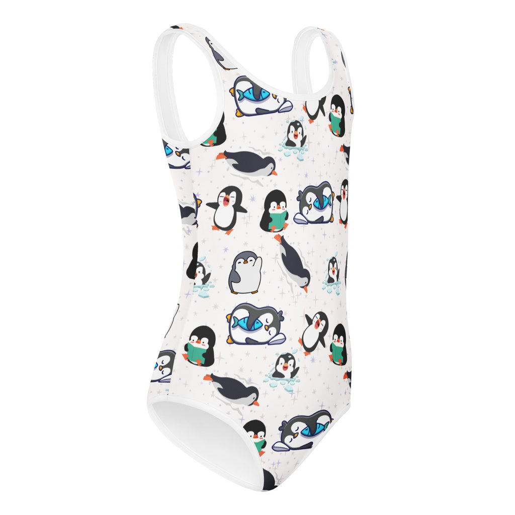 White girls one-piece swimsuit with playful black white and teal penguin pattern quick drying buttery soft fabric