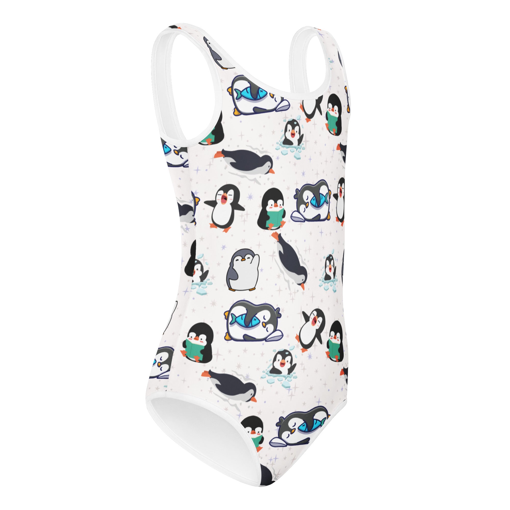 White girls one-piece swimsuit with playful black white and teal penguin pattern quick drying buttery soft fabric