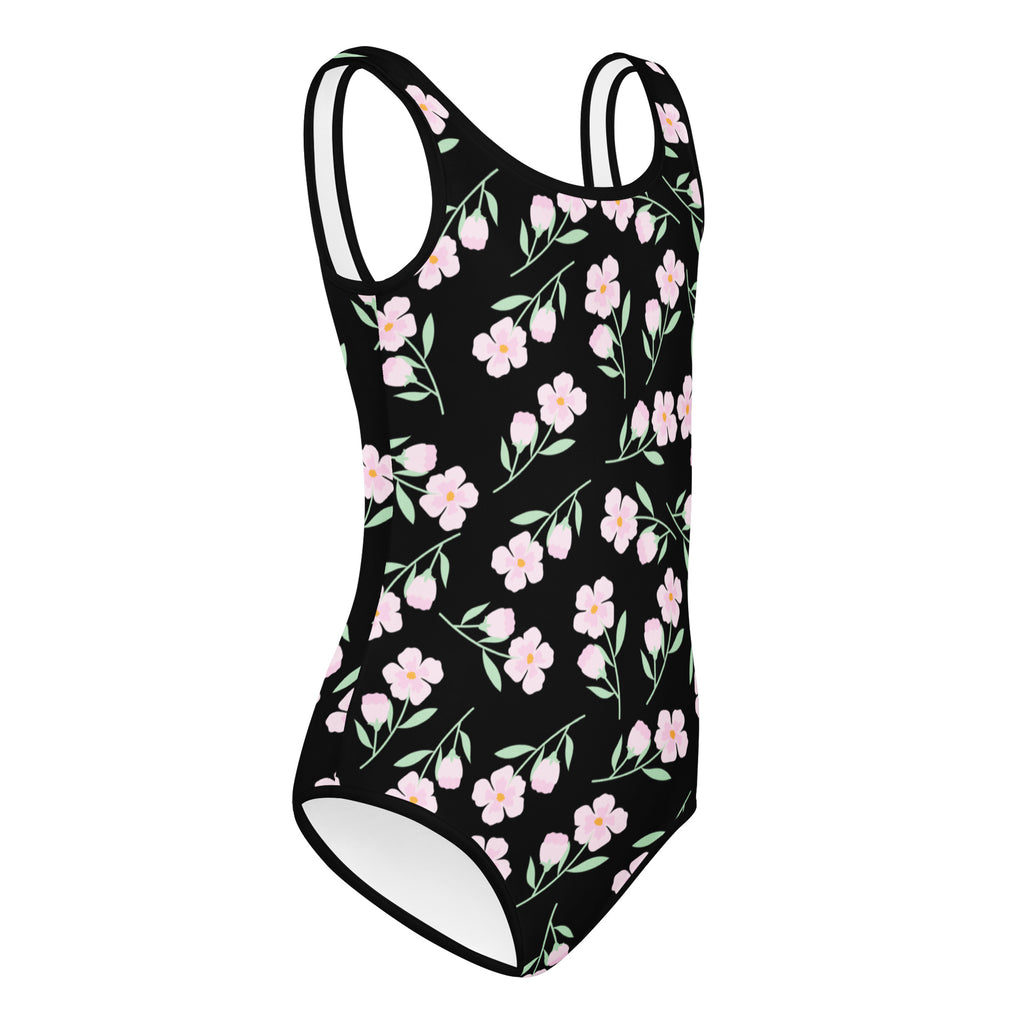 Girls black floral buttery soft leotard with pink flowers and green stems quick drying for dance and gymnastics