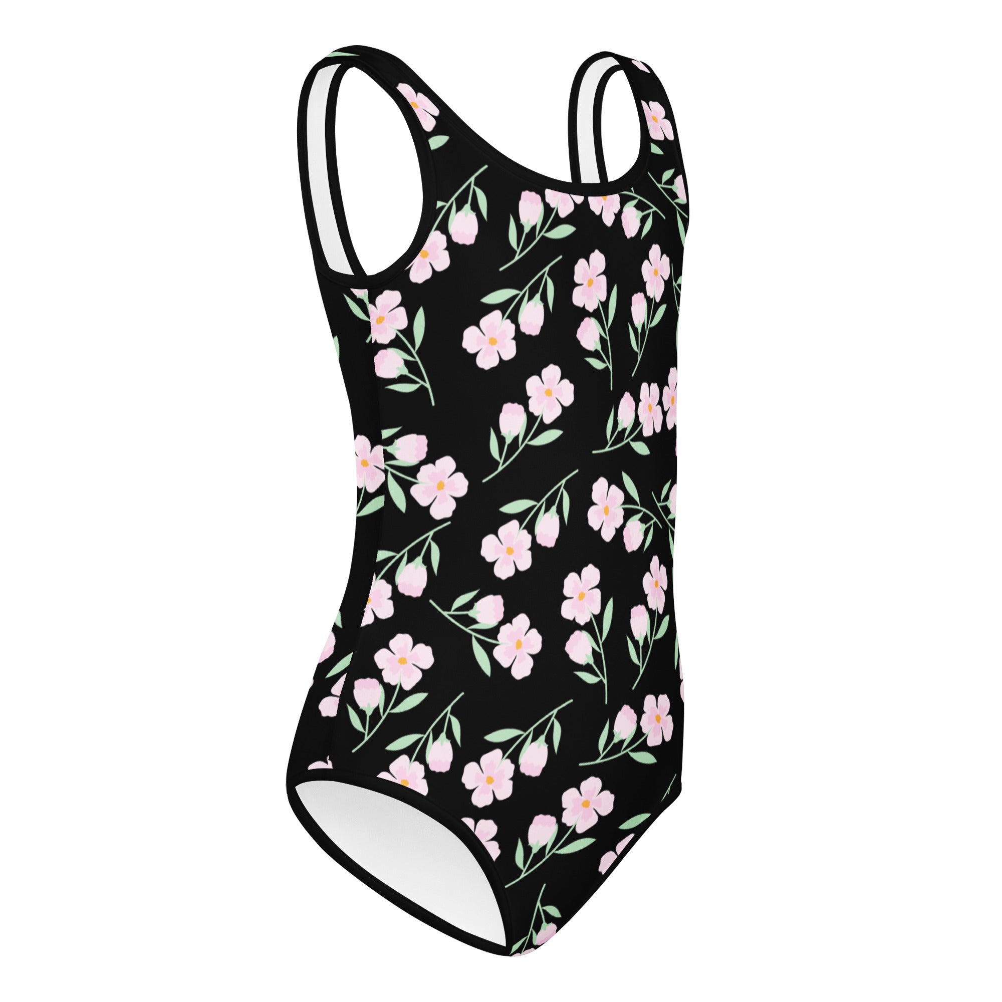 Girls black floral buttery soft leotard with pink flowers and green stems quick drying for dance and gymnastics