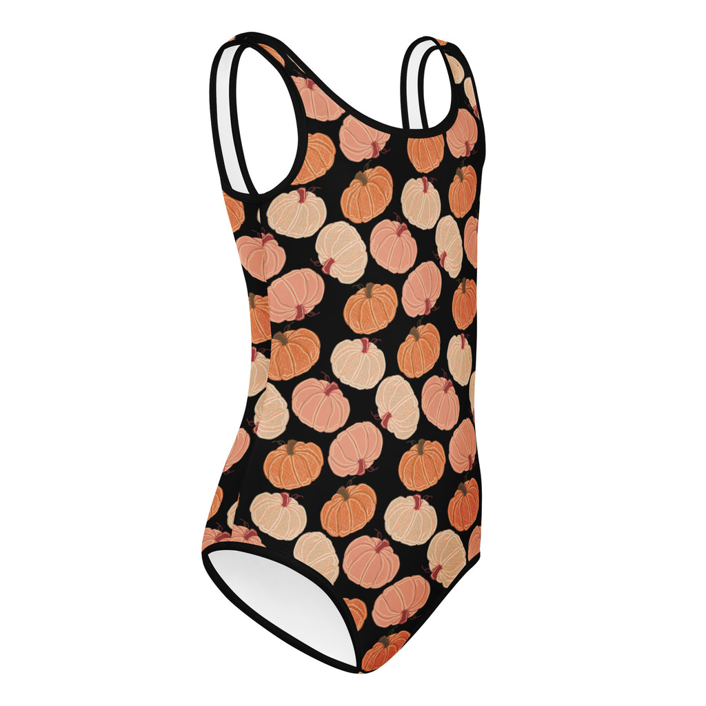 Girls fall pumpkins buttery soft black leotard with orange and beige pumpkin pattern quick drying for dance and gymnastics
