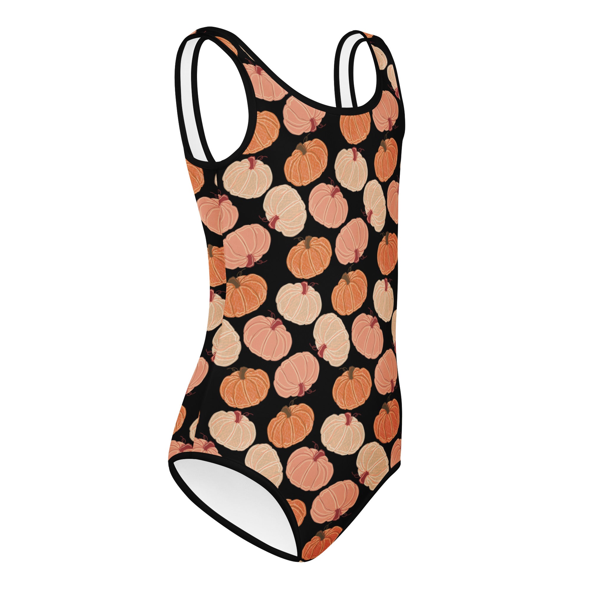 Girls fall pumpkins buttery soft black leotard with orange and beige pumpkin pattern quick drying for dance and gymnastics