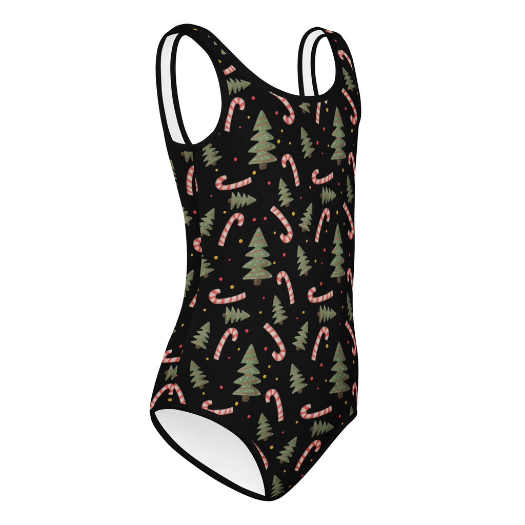 Black girls Christmas trees and candy canes buttery soft leotard with thin white straps for dance and gymnastics