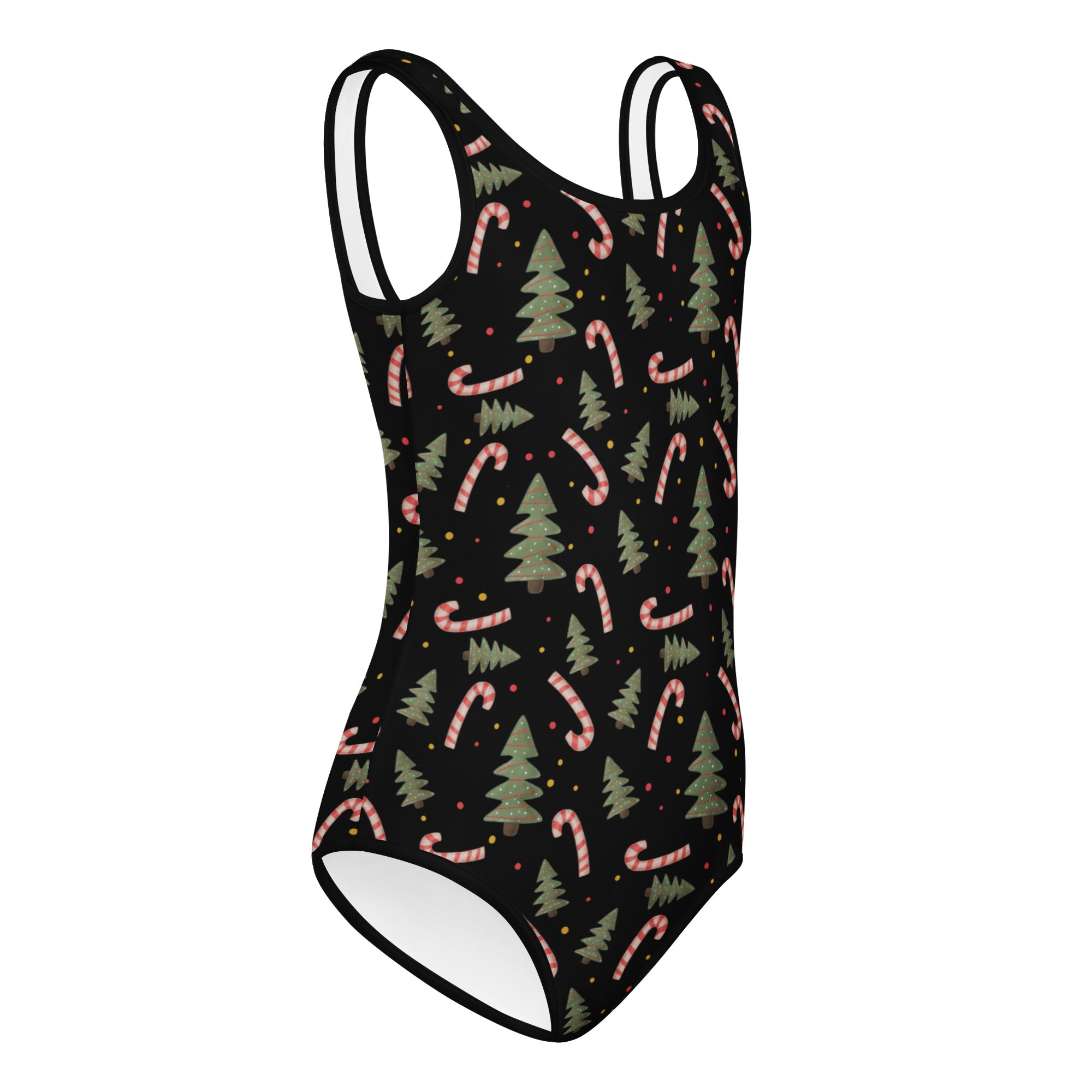 Black girls Christmas trees and candy canes buttery soft leotard with thin white straps for dance and gymnastics