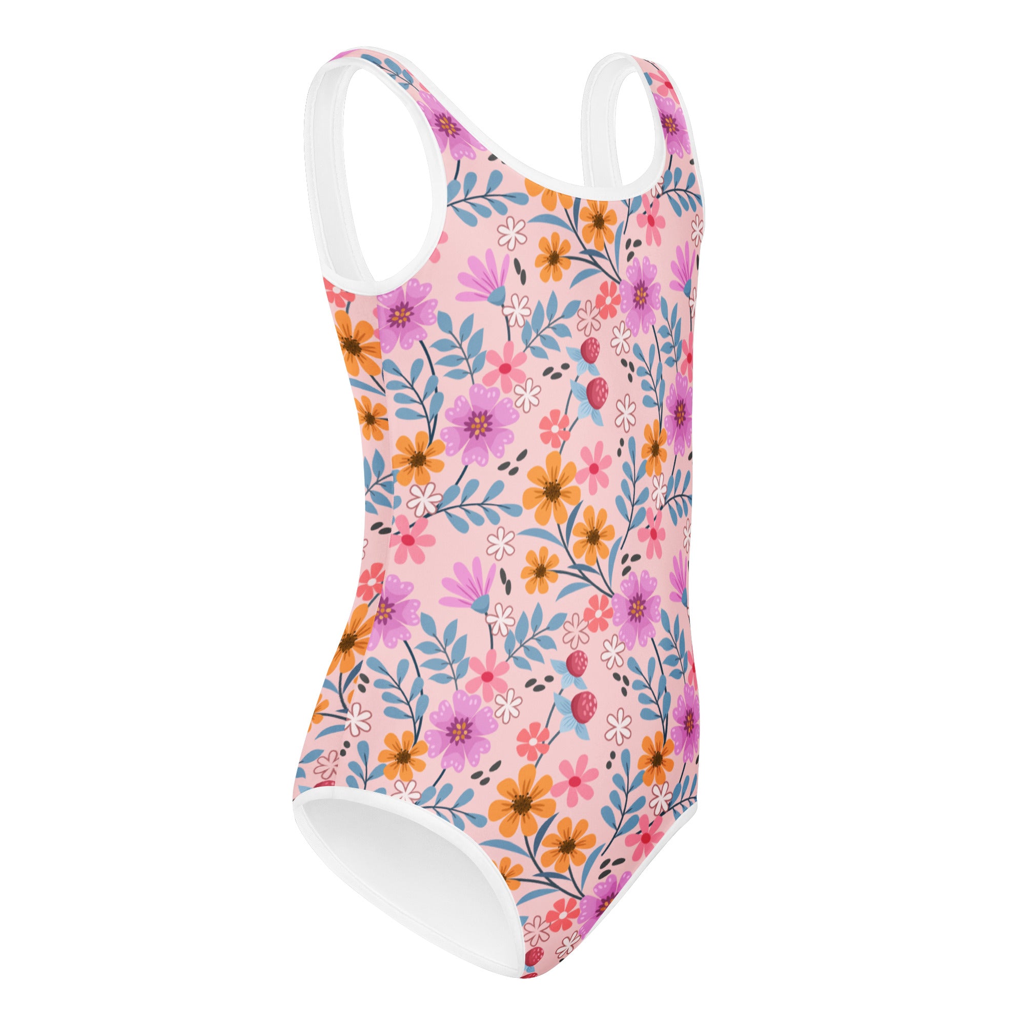 Girls pink floral buttery soft one-piece swimsuit with white trim and vibrant purple orange blue flowers for dance and gymnastics