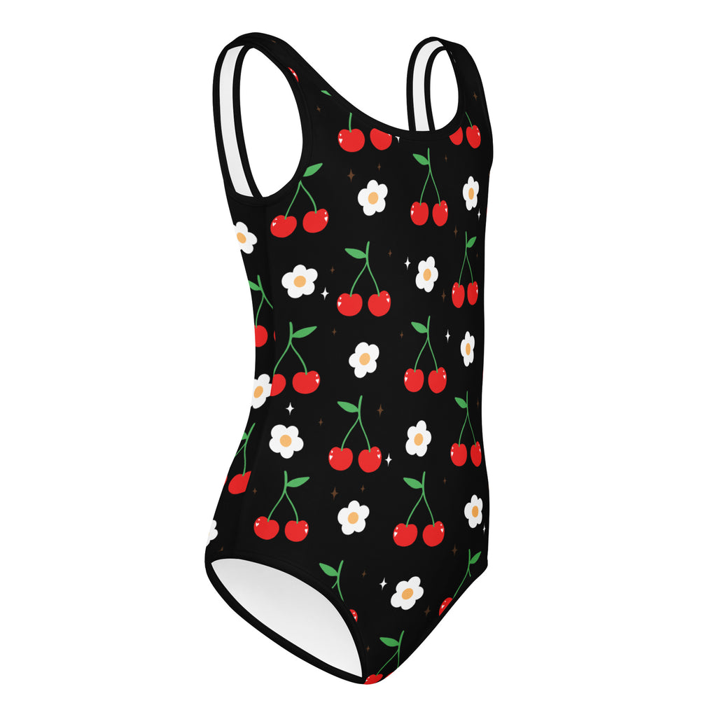 Girls cherry blossom buttery soft black one-piece swimsuit with red cherries white daisies quick drying for dance