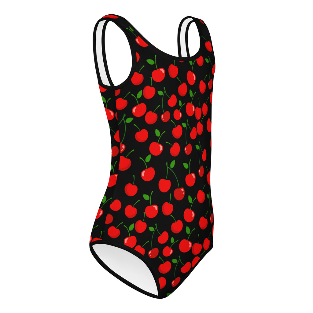Black one-piece girls leotard with red cherry pattern white trim buttery soft quick drying for dance and gymnastics