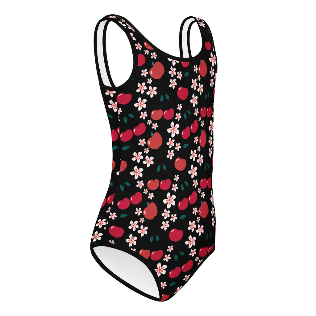 Black girls apple blossom buttery soft quick drying leotard with red cherry and pink flower pattern for dance