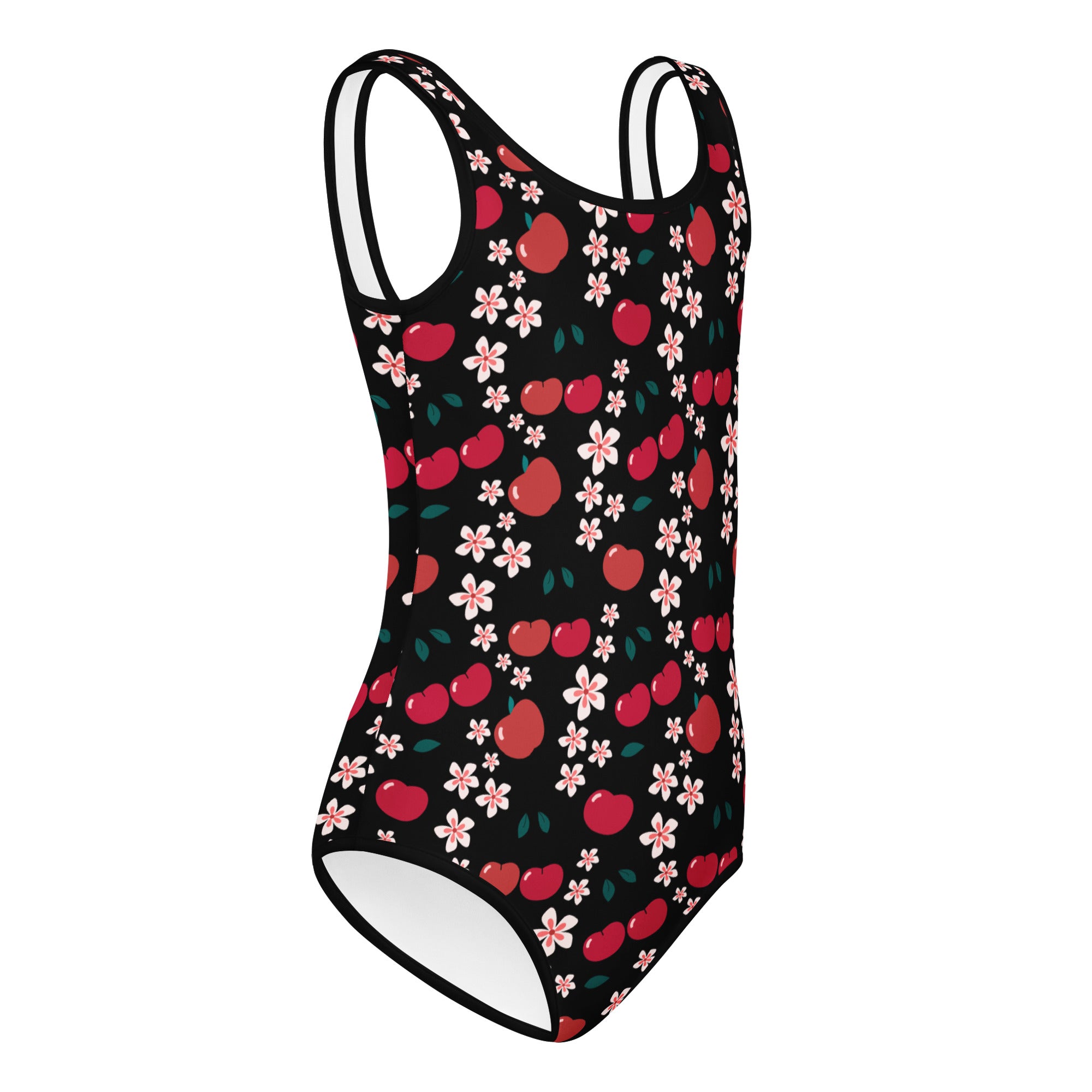 Black girls apple blossom buttery soft quick drying leotard with red cherry and pink flower pattern for dance