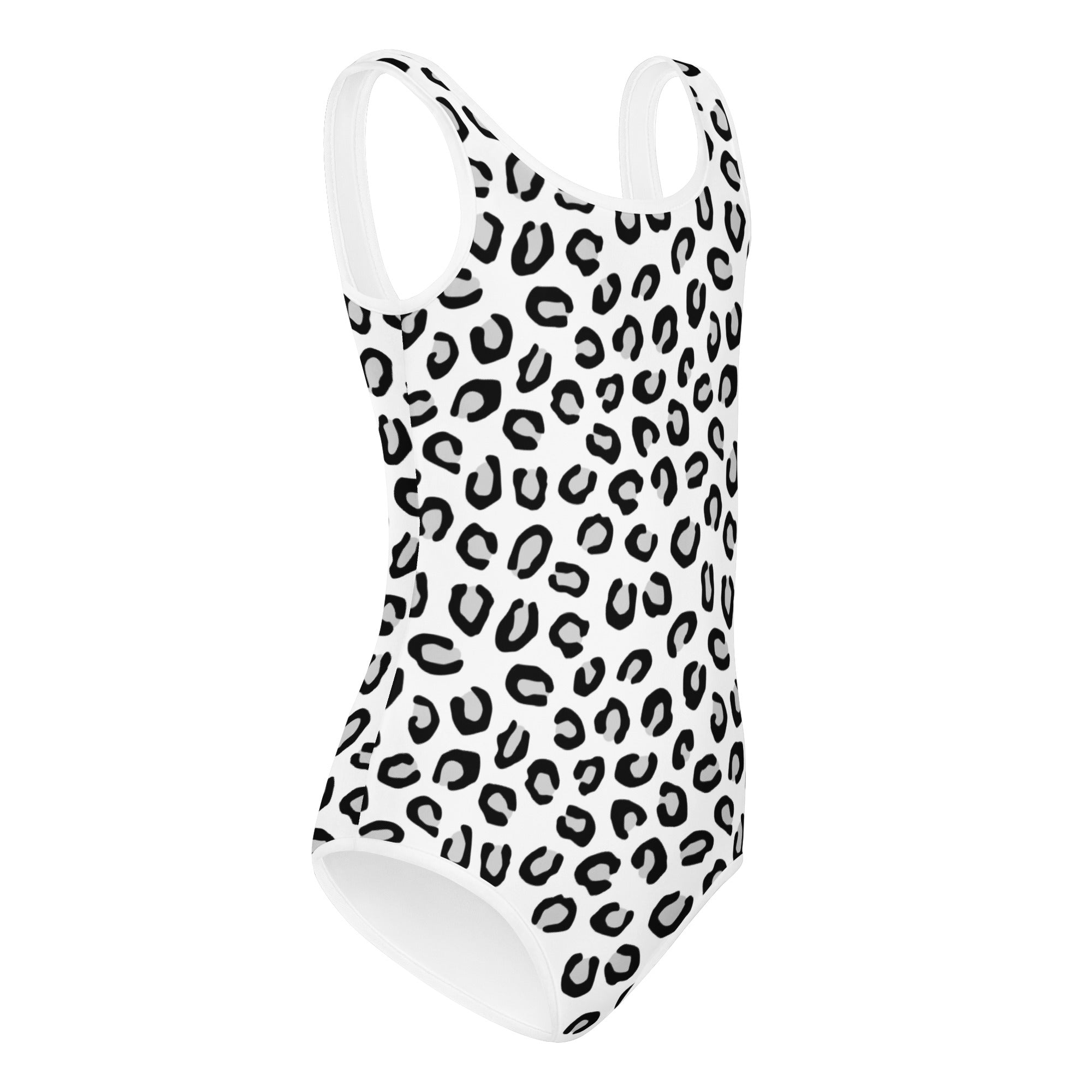 Girls white one-piece swimsuit with black leopard print made of buttery soft quick drying fabric for dance and gymnastics