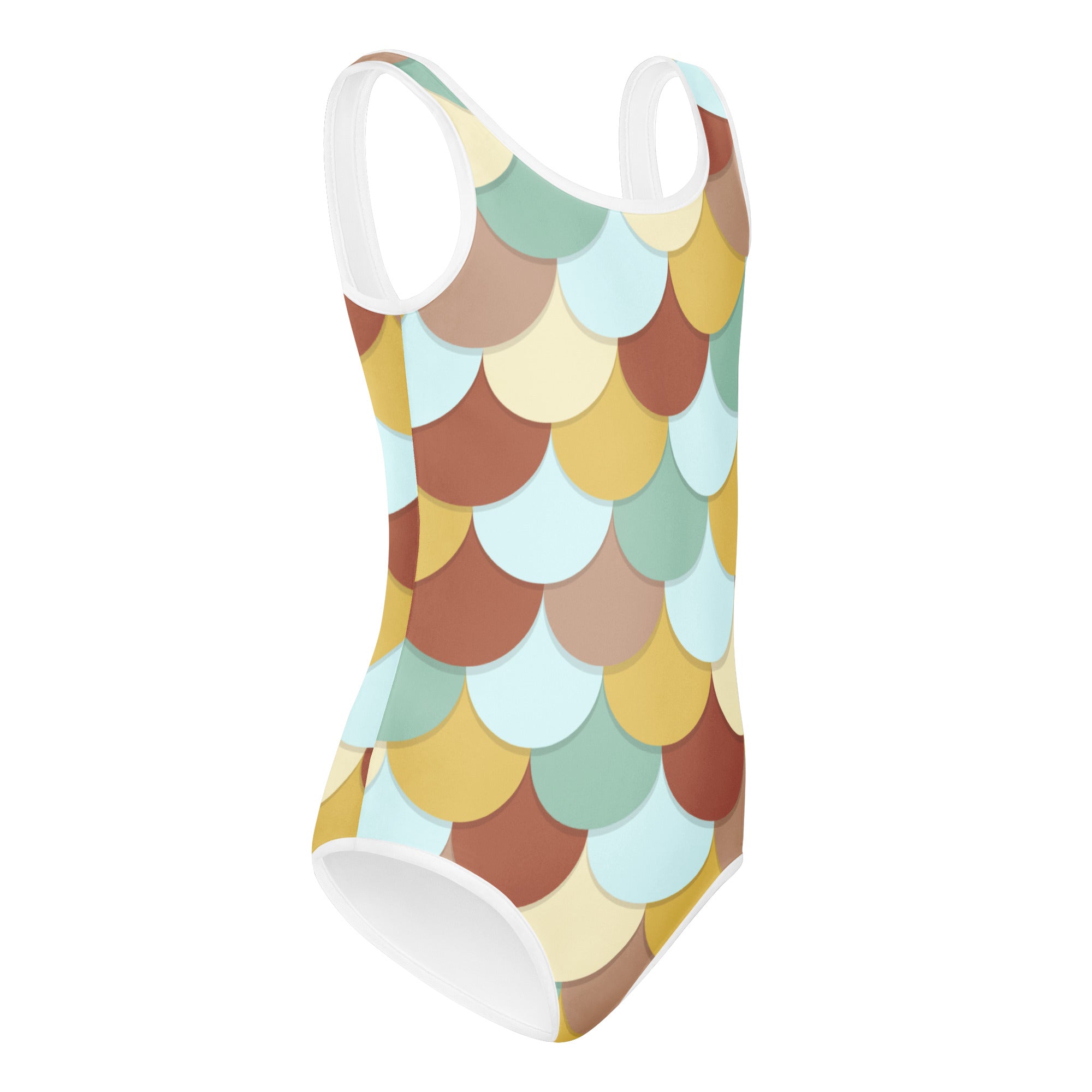 Girls mermaid buttery soft leotard with vibrant brown yellow teal cream scale pattern and white trim for dance and gymnastics