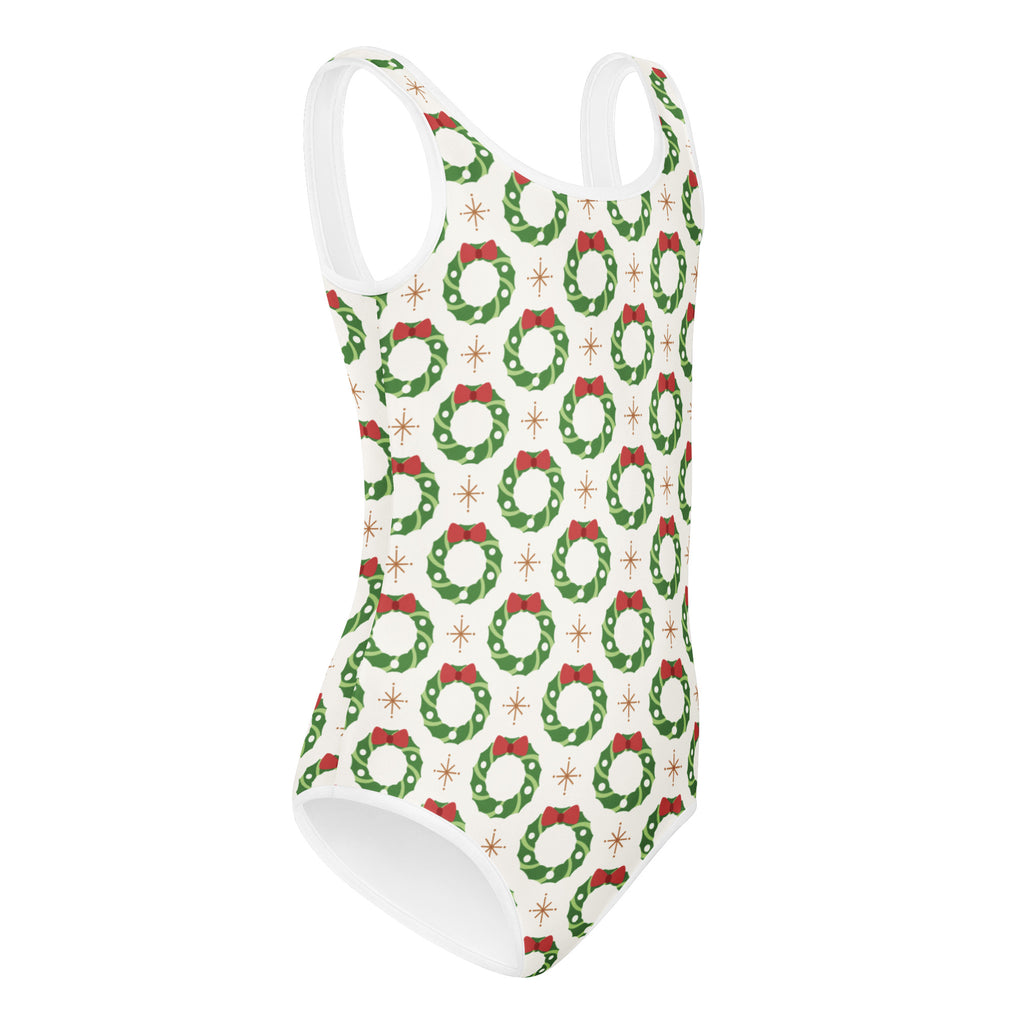 White girls one-piece swimsuit with green wreath and red bow pattern buttery soft quick drying for dance and gymnastics