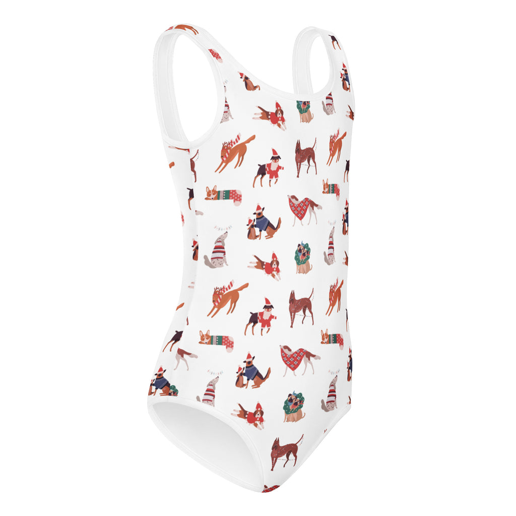 White girls Christmas dogs buttery soft one-piece swimsuit with festive dog pattern quick drying for dance and gymnastics