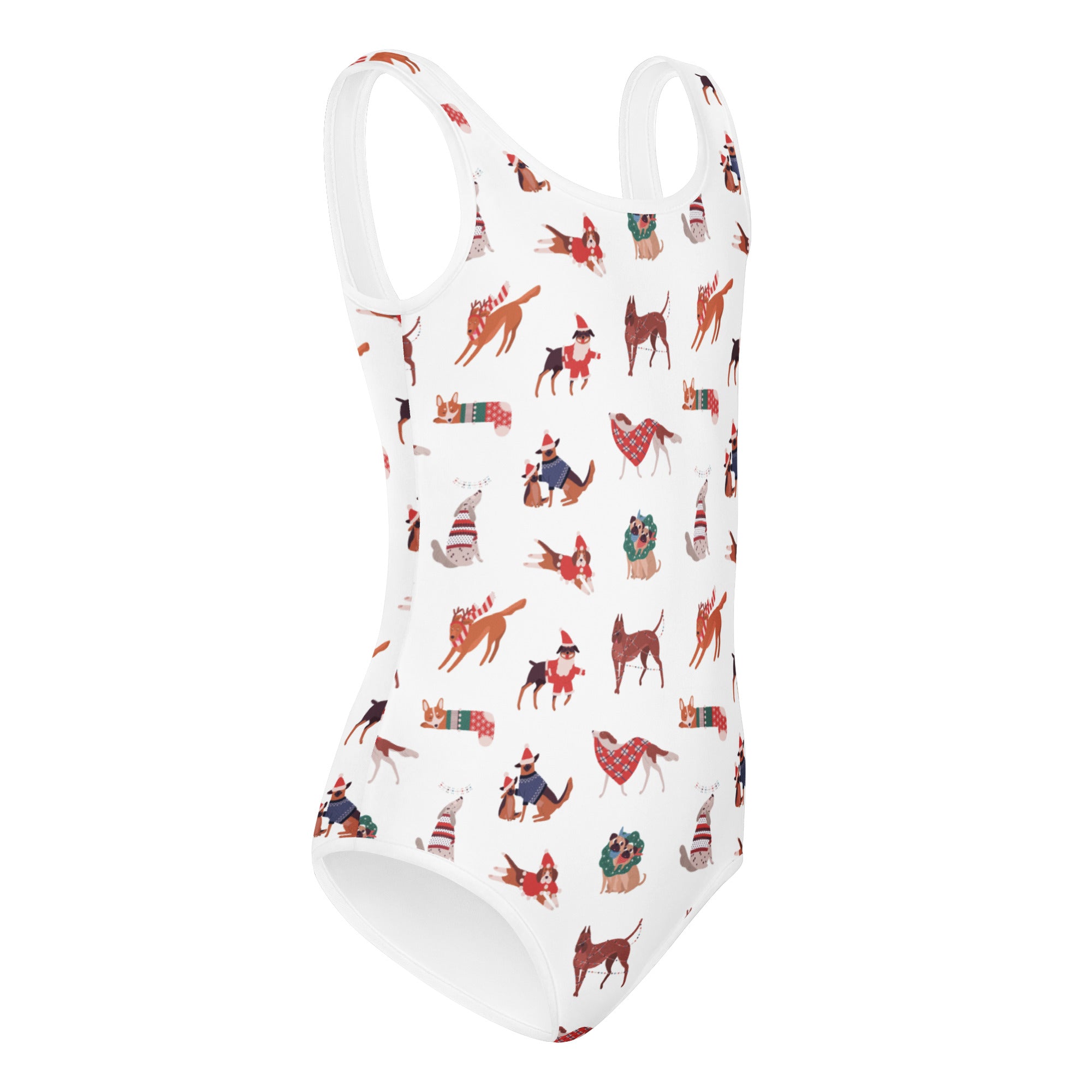 White girls Christmas dogs buttery soft one-piece swimsuit with festive dog pattern quick drying for dance and gymnastics