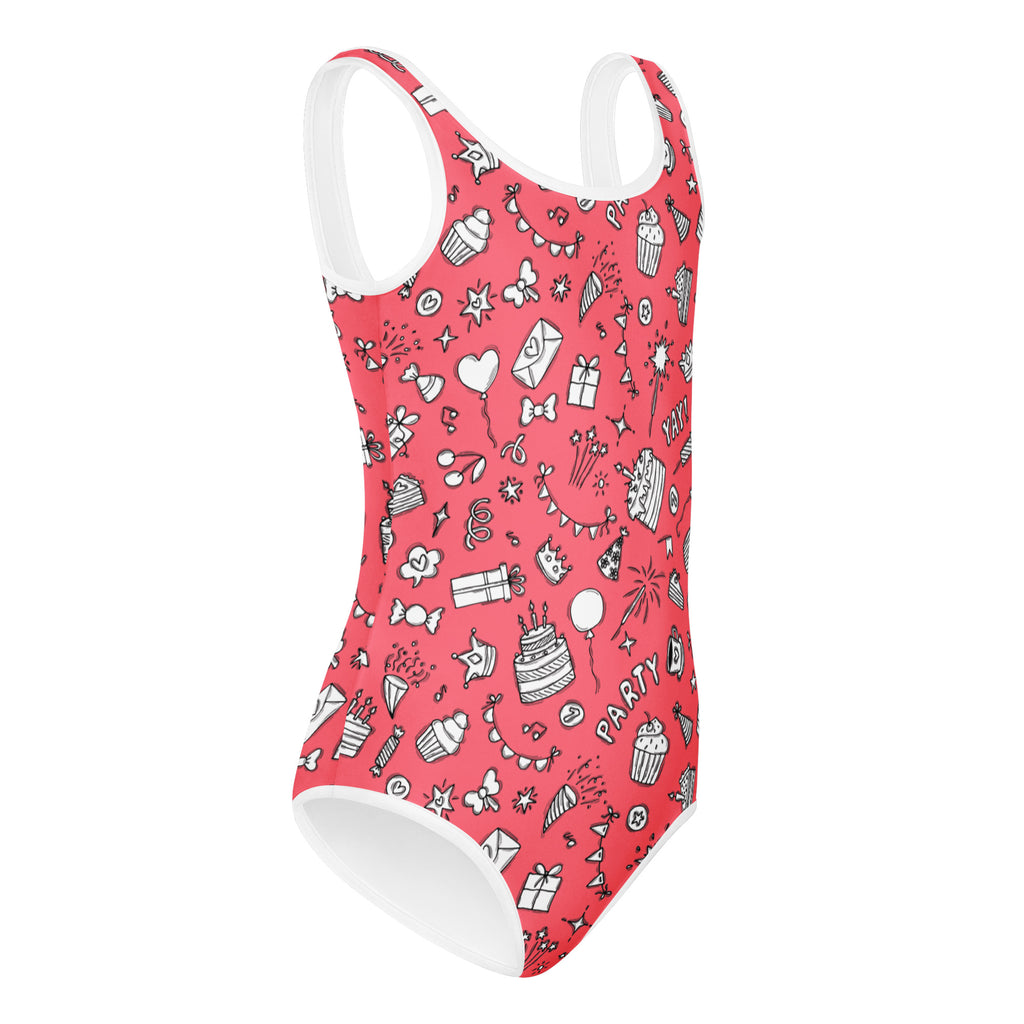 Girls pink birthday party buttery soft leotard with white trim and playful cupcake balloon gift doodle pattern for dance
