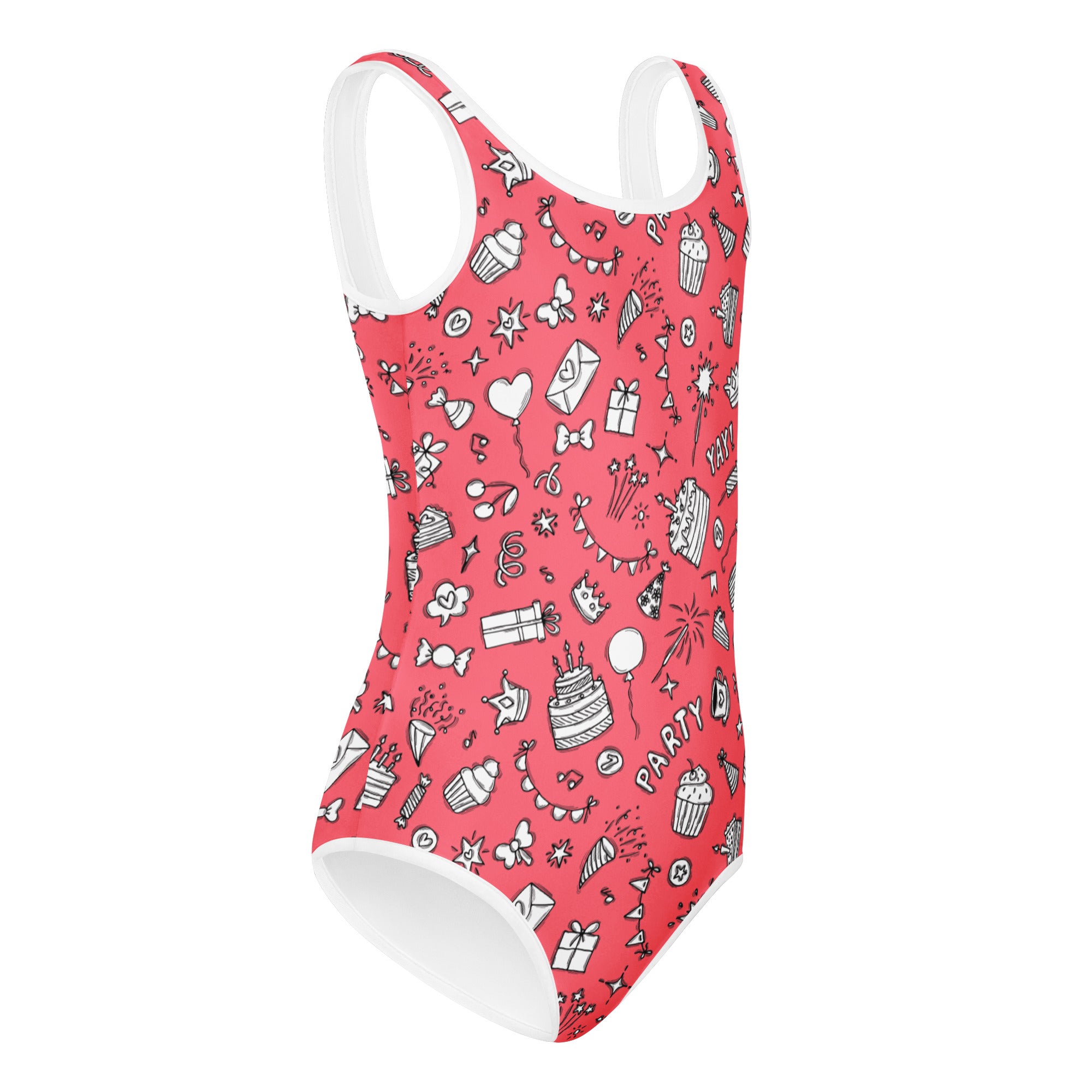 Girls pink birthday party buttery soft leotard with white trim and playful cupcake balloon gift doodle pattern for dance