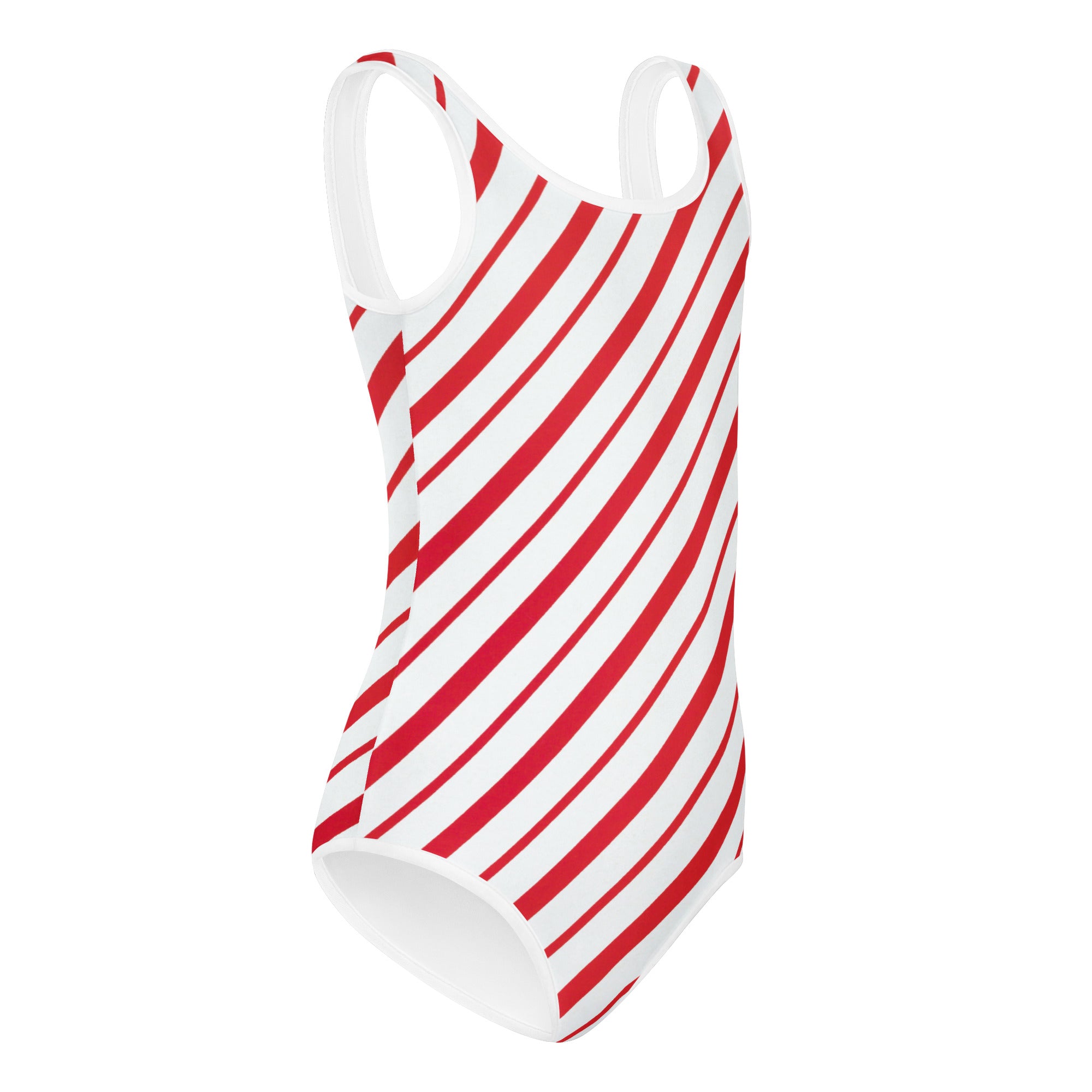 Girls candy cane stripe buttery soft leotard in red and white diagonal stripes for quick drying dance and gymnastics use
