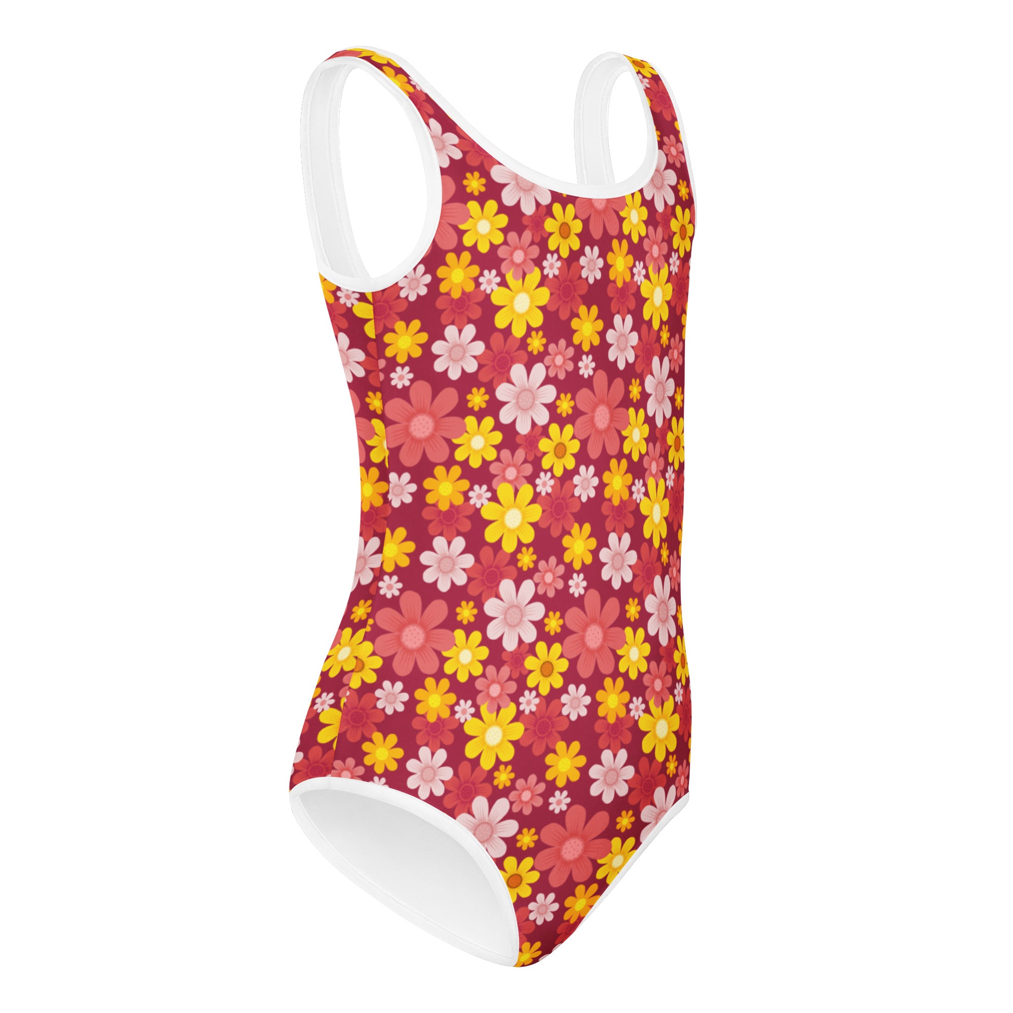 Girls red floral buttery soft quick-drying one-piece swimsuit with yellow pink white flowers and white trim for dance and gymnastics