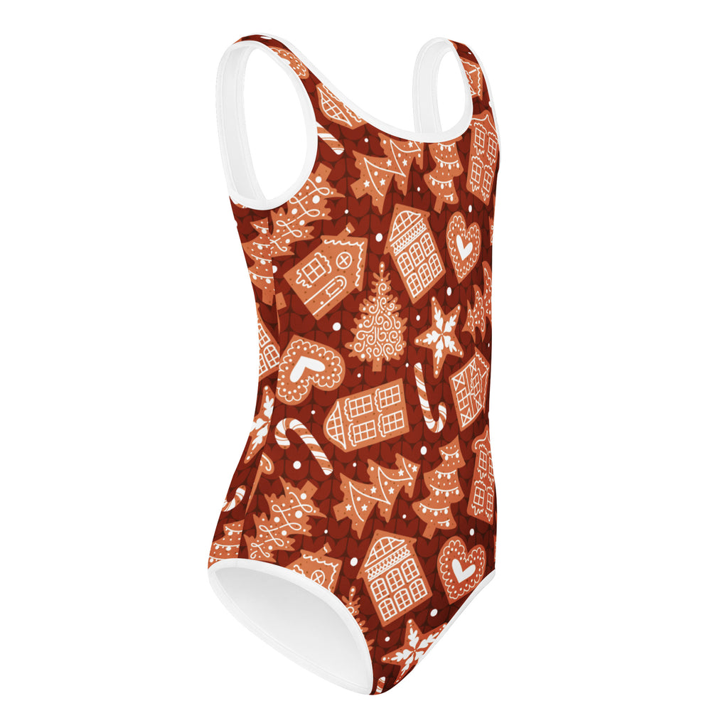 Girls red buttery soft leotard with festive gingerbread house and candy cane pattern quick drying for gymnastics