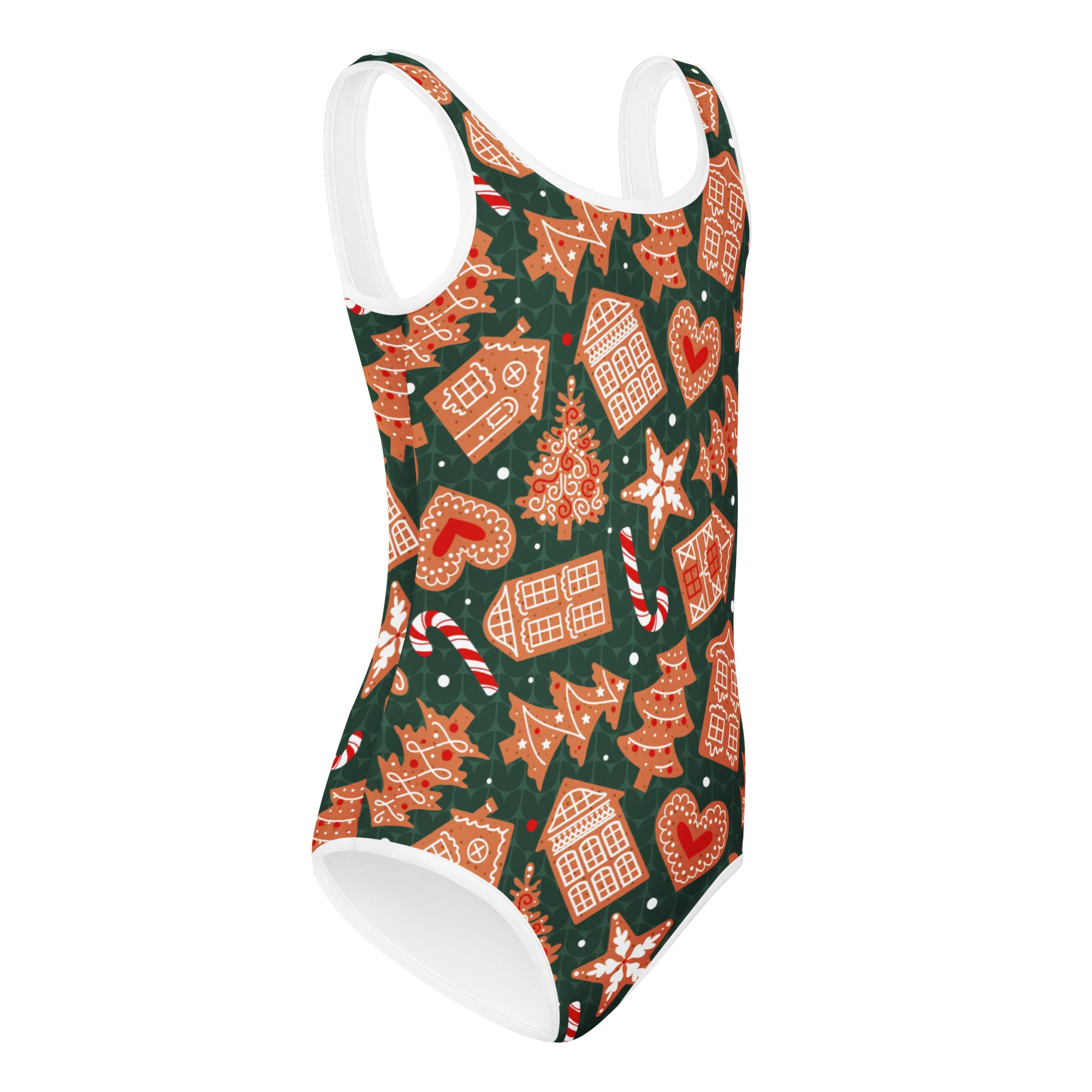 Girls green gingerbread cookies buttery soft one-piece swimsuit with festive gingerbread houses and candy cane pattern
