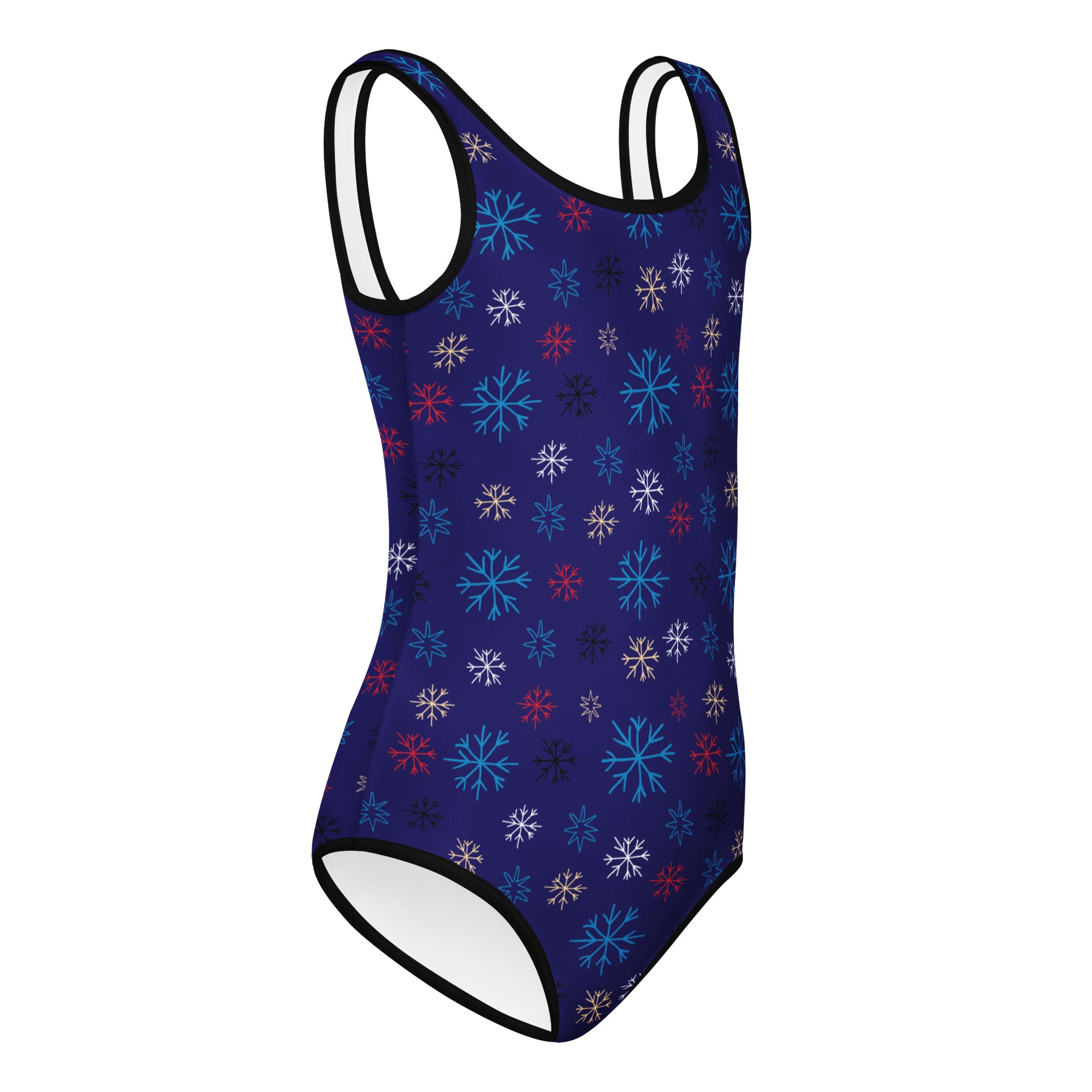 Girls blue snowflake buttery soft quick drying leotard with thin black straps and multicolored snowflake pattern