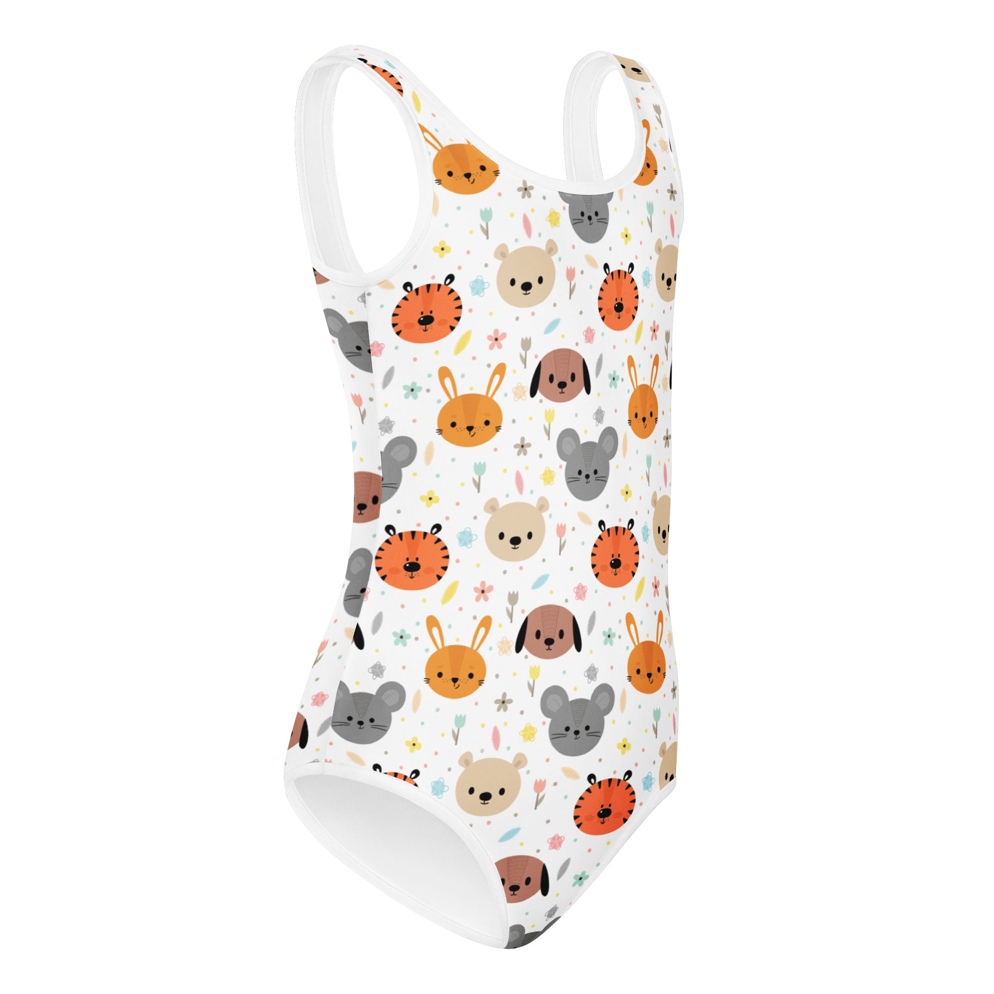 White one-piece swimsuit with playful cartoon tiger bear mouse and rabbit pattern buttery soft for dance and gymnastics