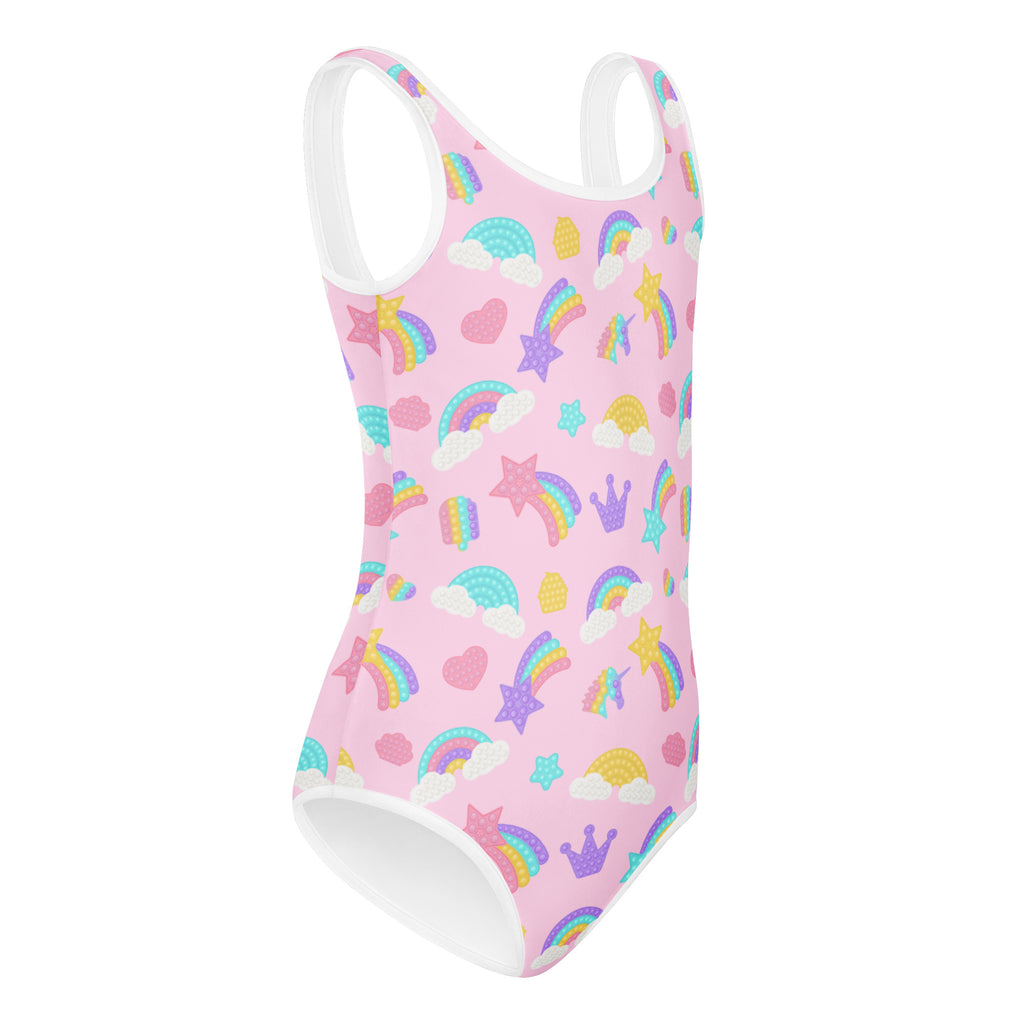Girls pop fidget toy themed buttery soft pink one-piece swimsuit with white trim and pastel rainbow star heart crown patterns