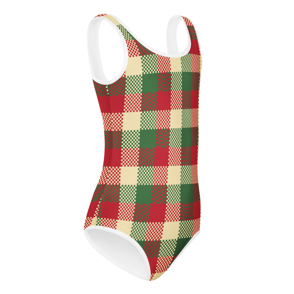Girls christmas plaid buttery soft one-piece swimsuit in red green and cream with white trim quick drying for dance and gymnastics