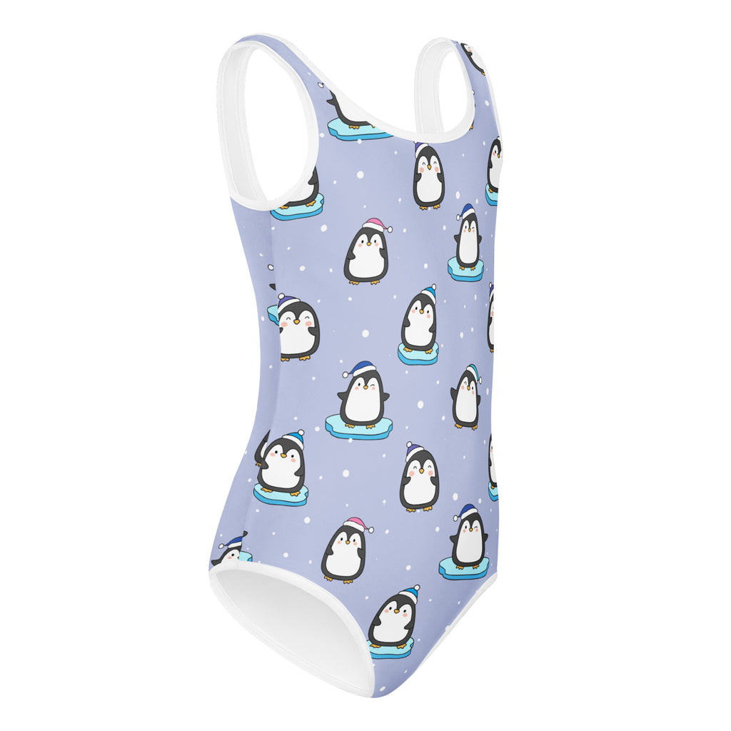 Girls winter penguin buttery soft lavender one-piece swimsuit with cartoon penguin pattern and white trim for dance and gymnastics