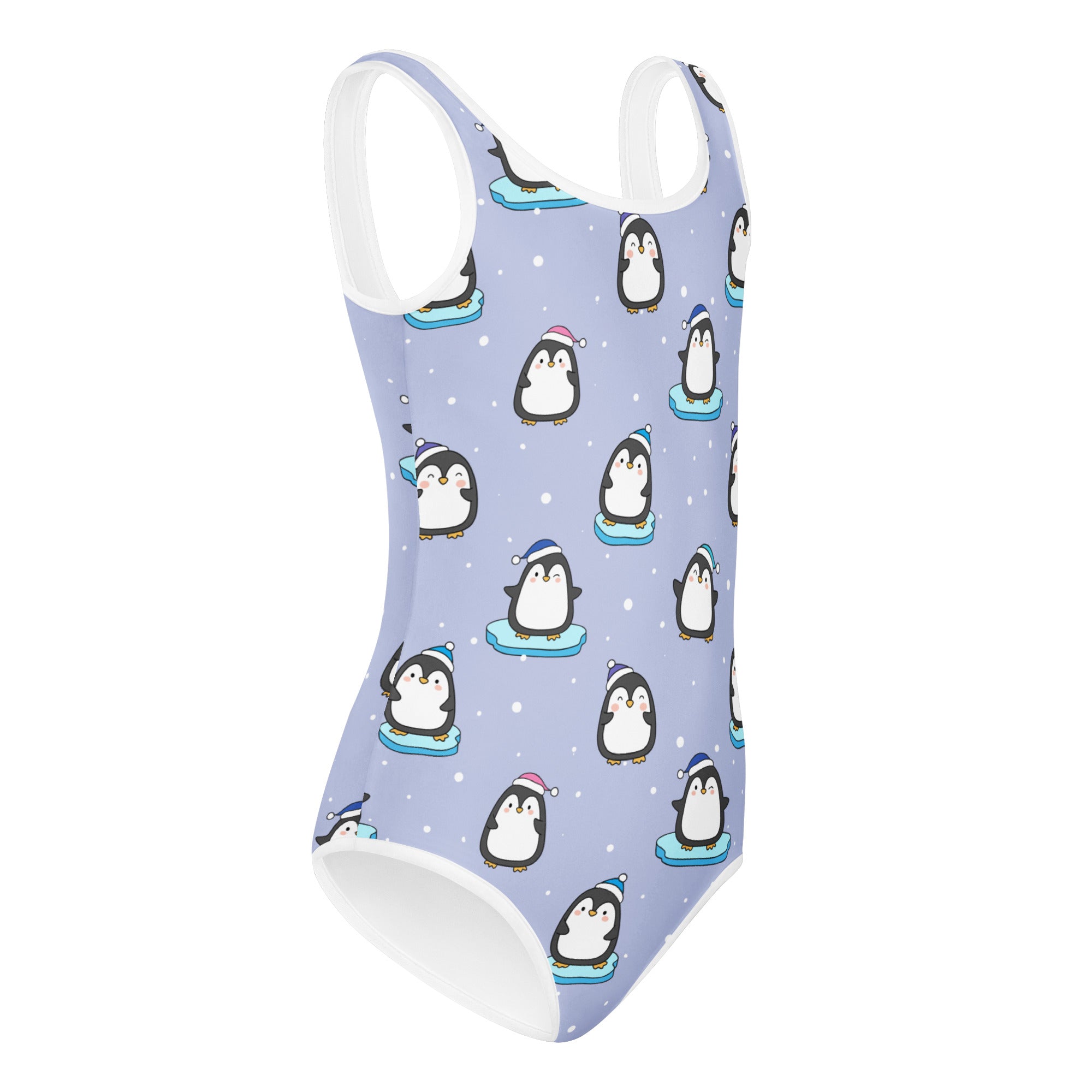 Girls winter penguin buttery soft lavender one-piece swimsuit with cartoon penguin pattern and white trim for dance and gymnastics