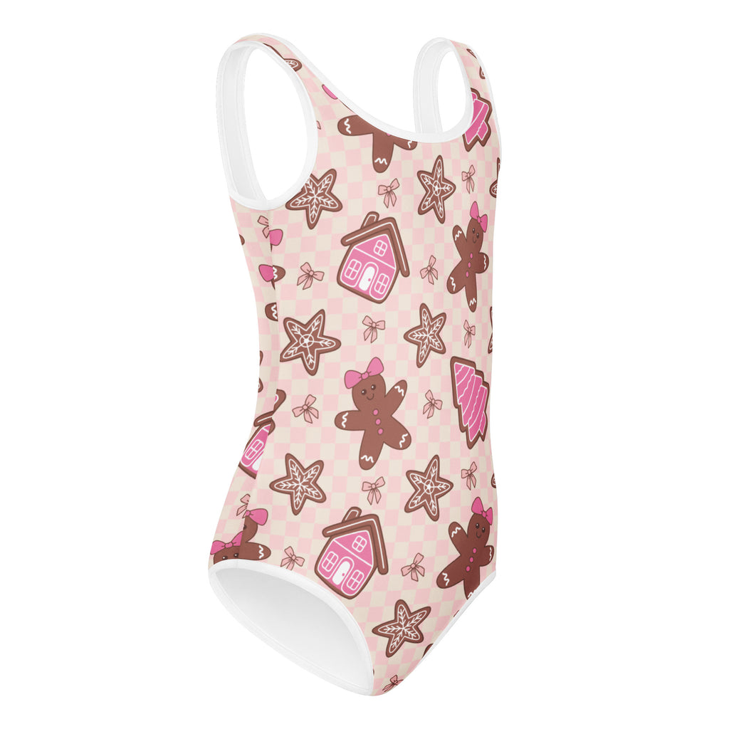 Girls pink gingerbread buttery soft quick drying one-piece swimsuit with white trim for dance and gymnastics